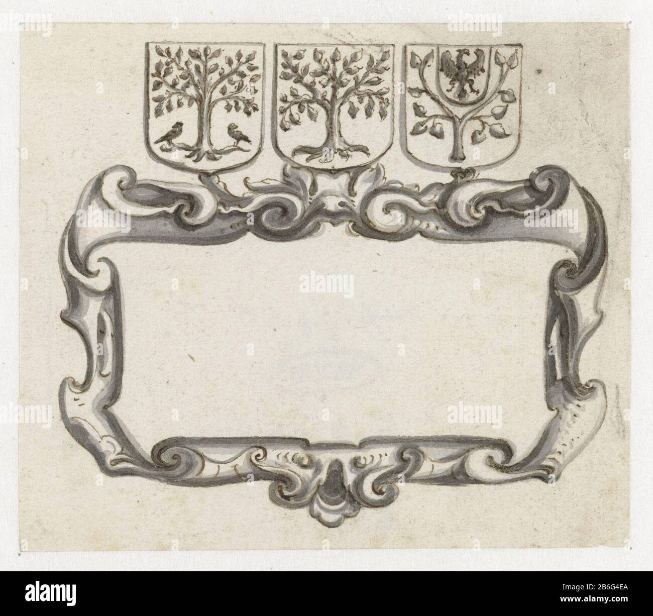 Cartouche sous trois manteaux avec arbres Possible avant-projet prent. Fabricant : Artiste: Pieter Jansz. Datation: 1630 - 1672 Caractéristiques physiques: Brun plume, pinceau en gris: Encre papier technique: Stylo / pinceau dimensions: 85 mm × h 98 b mm Objet: Armoiries (symbole de l'état, etc.)  cartouche d'ornement Banque D'Images
