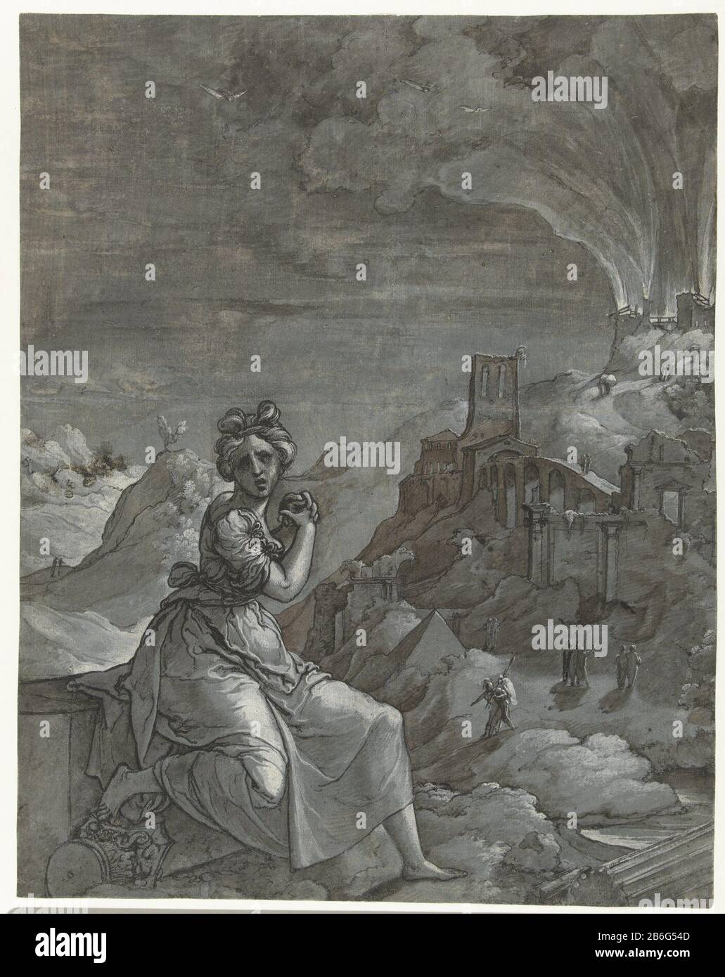 Cassandra pleure sur la destruction de Troy Cassandra pleure la destruction de Troy Property Type: Dessin Numéro d'objet: RP-T-1921-483 (R) Description: Cassandra se trouve sur le sol, sa tête tournée vers le spectateur. Elle pleure la destruction de la ville de Troy qui monte en flammes en arrière-plan. A droite un zeuil cassé. Fabricant : artiste Jan Swart van Groningen Date: 1550 - 1555 Caractéristiques physiques: Stylo en noir et pinceau en brun, peinture blanche, un papier préparé bleu-gris: Revêtement papier préparé technologie d'encre: Stylo / pinceau dimensions: H 360 mm × W 283 mm Sujet: Non-agresssi Banque D'Images