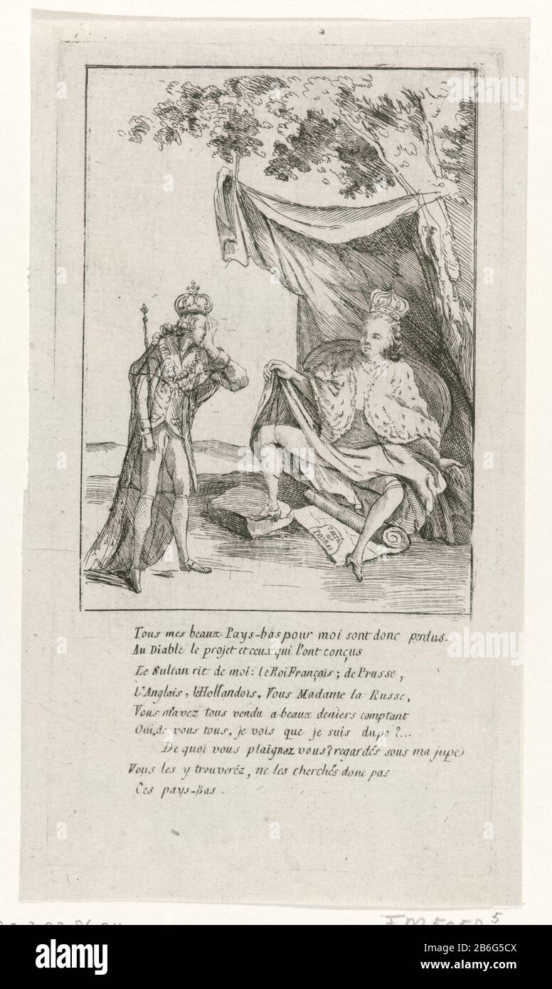 Catherine le Grand se répand ses jambes pour la révolution du Brabant Joseph II, 1787-1790 (titre de la série) Joseph II se moquant de son destin et les recherches ont disparu pays. L'impératrice russe Catherine II se répand les jambes et demande à Joseph de chercher sous sa jupe, où se trouve une carte du Pays-Bas. Dans le verset de légende 9 lignes. Avec inscriptions françaises. Partie d'un grand groupe de photos liées aux événements de la Révolution du Brabant et de la période 1787-1790. Fabricant : printmaker: Fabrication anonyme: Pays du Sud Date: 1787 - 1790 Caractéristiques physiques: Gravure et engraflage Banque D'Images