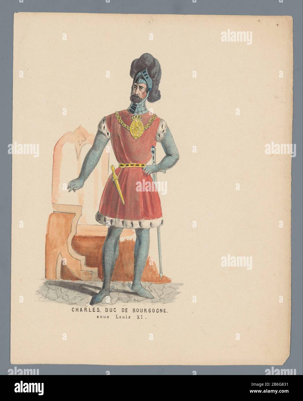 Charles Duc de Bourgogne sous Louis XI (titre sur objet) Homme en costume  historique comme Charles le Bold, duc de Bourgogne, sous Louis XI  Présentation ajoutée à la tôle sur la boule