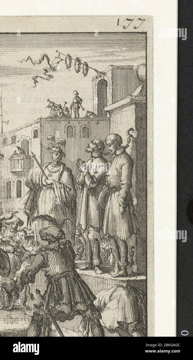Christen et Getrouw sur la foire De La Vanité Imprimer le droit numéroté : 177. Fabricant : printmaker Jan Luyken (bâtiment classé) éditeur John Boekholt Lieu de fabrication: Amsterdam Date: 1684 Caractéristiques physiques: Gravure et texte en typographie sur verso matériau: Papier technique: Gravure / impression formats: Feuille: H 118 mm × W 68 mmTopelielichtingillustratie out: Bunyan, John. D'une Reyse chrétienne après euwigheyt. Amsterdam: John Boekholt 1684. Objet : prisonnier ; plus humide Banque D'Images