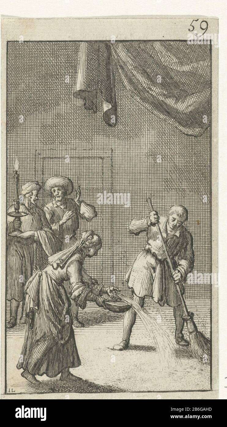Christian regarde un homme et une femme nettoyer le plancher imprimé droit numéroté 59. Fabricant : printmaker Jan Luyken (bâtiment classé) éditeur John Boekholt Lieu de fabrication: Amsterdam Date: 1684 Caractéristiques physiques: Gravure et impression de texte sur verso matériel: Papier technique: Gravure / typographie dimensions: Feuille: 119 mm × h b 68 mmToelielichtingillustratie de: Bunyan, John. D'une Reyse chrétienne après euwigheyt. Amsterdam: John Boekholt 1684. Objet: Nettoyage (la maison) Banque D'Images