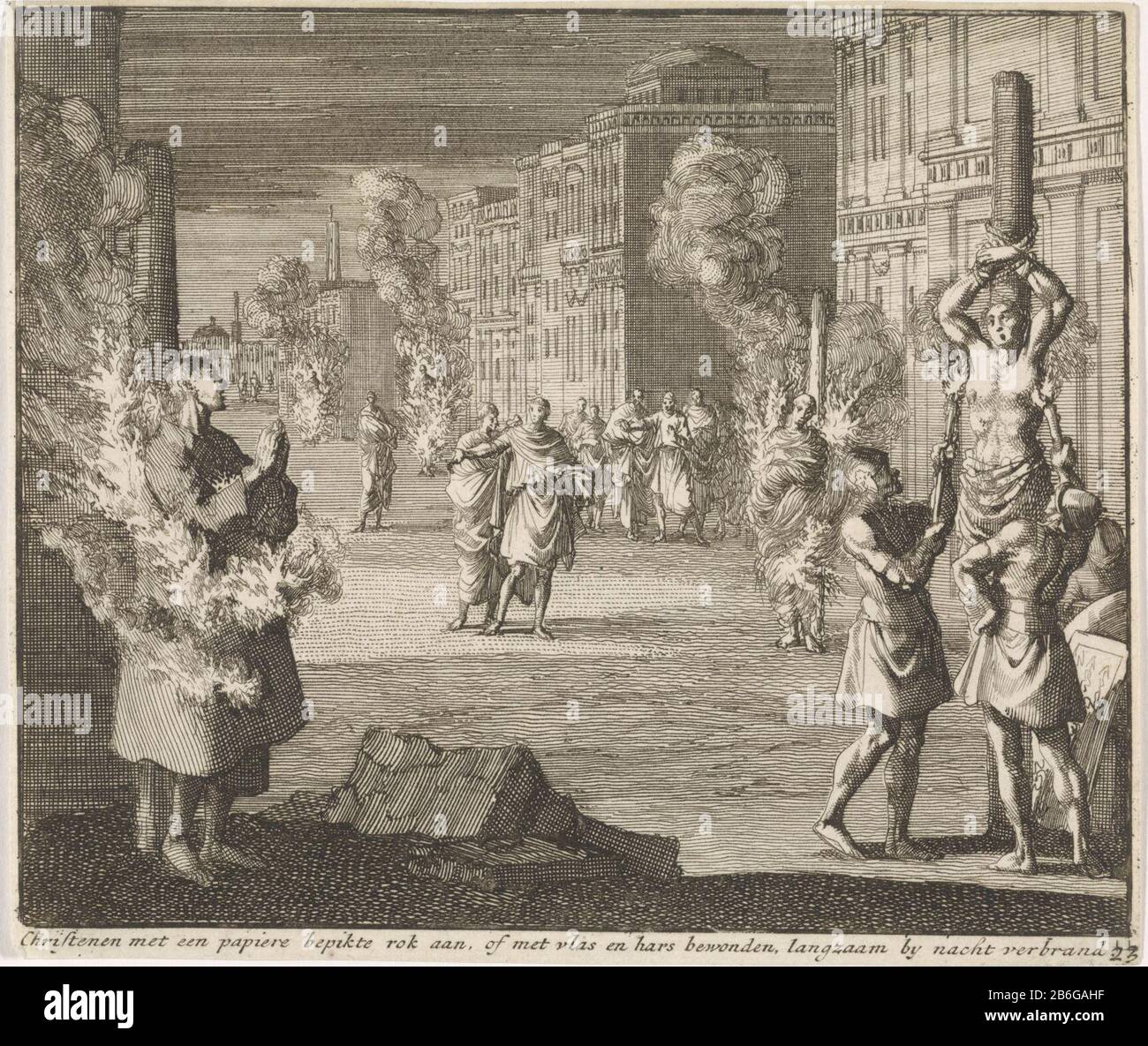 Les chrétiens sont brûlés la nuit à Rome les chrétiens avec jupe en papier bepikte, brûlés lentement la nuit (objet titre) UNE rue à Rome. C'est la nuit. Les martyrs chrétiens sont attachés au bord de la route et par des soldats romains font des gestoken. Fabricant : printmaker Jan Luyken (bâtiment classé) éditeur: James Hardenberg (bâtiment classé) libraire: Barent Visscher (bâtiment classé) libraire : Jacobus of New Veen (indiqué sur l'objet) Lieu de fabrication: Amsterdam Date: 1700 Caractéristiques physiques: Matière de gravure: Papier: Technique: Dimensions de gravure: Feuille: 132 mm × h 150 b TohtingBo Banque D'Images