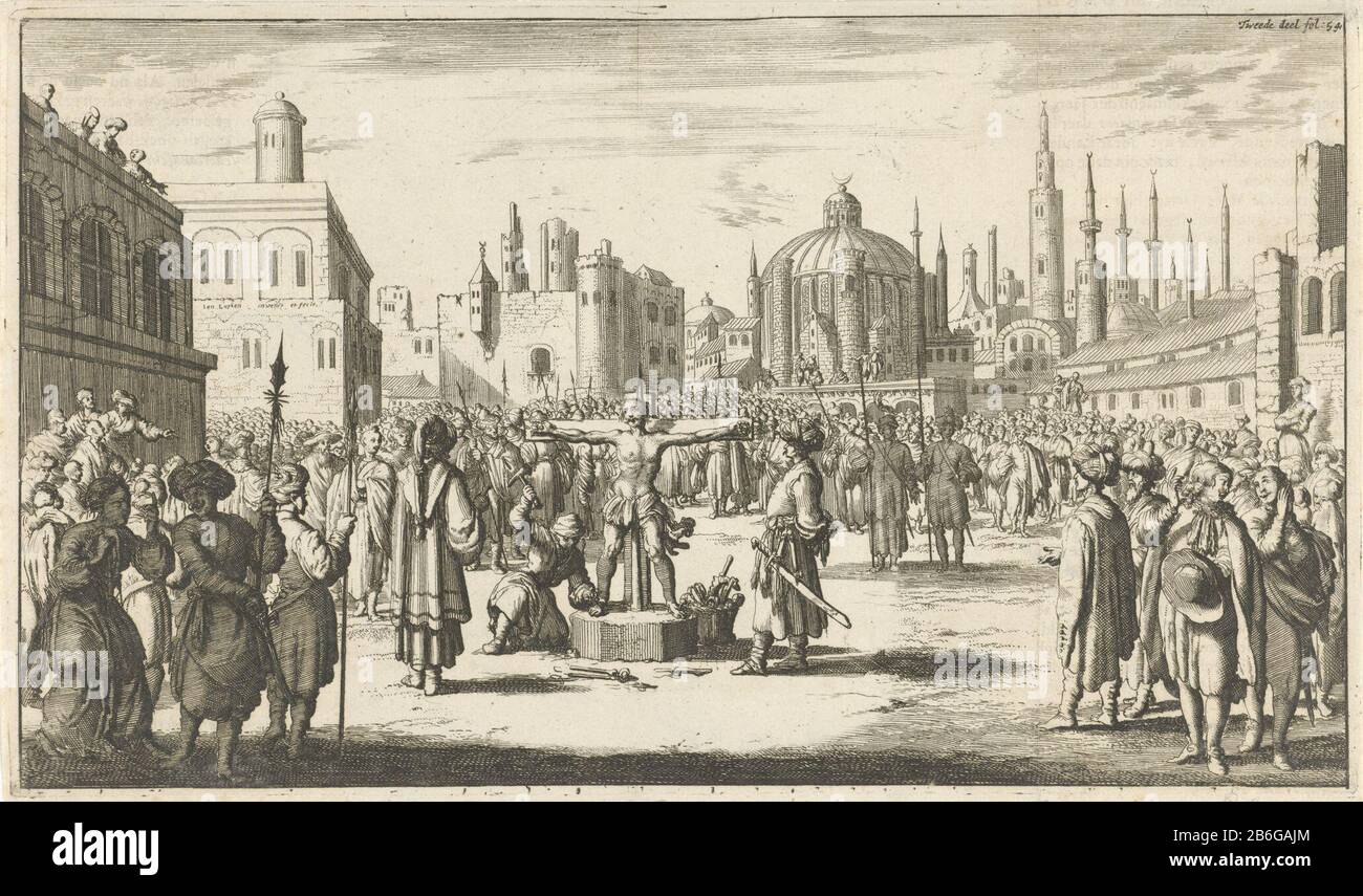 Chrétiens par les Turcs dans un droit d'impression crucifié étiqueté: Partie fol: 54. Fabricant : printmaker Jan Luyken Editeur: Jan Claesz dix Hoor Lieu de fabrication: Amsterdam Date: 1684 Caractéristiques physiques: Matière de gravure: Technique du papier: Dimensions de gravure: Bord de la plaque: H 166 mm × W 285 mmTopelichtillustratie inclus dans: Then, Pierre . Histoire de Barbaryen, et même de robbers de mer, deux parties. Amsterdam: Jan Claesz À Hoorn, 1684. Objet: Religion chrétienne contre les races et les peuples MohammadismAsiatiques: Mort Violente turque par crucifixion Banque D'Images
