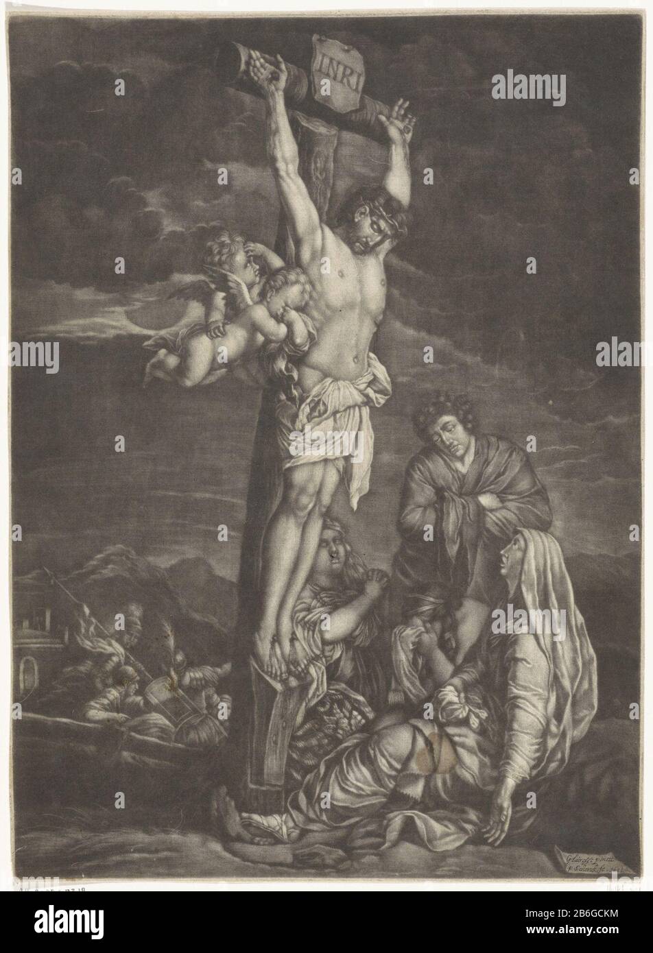 Christ sur la croix Christ sur la croix avec Jean et les trois Marys à ses pieds. En arrière-plan soldaten. Fabricant : printmaker Pieter Schenk (I) (bâtiment classé) à peindre par Gerard de Lairesse (propriété cotée) Lieu de fabrication: Amsterdam Date: 1684 Caractéristiques physiques: Mezzotint matériau: Technique du papier: Mezzotint dimensions: Bord de la plaque: H 337 mm × W 245 mm Objet: Crucifié Christ, avec des personnes particulières sous la croix Banque D'Images
