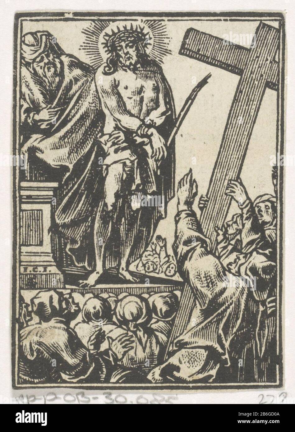 Christ a montré au peuple (Ecce Homo) Christ par Pilate sur une scène au peuple montré. Pilate a demandé aux gens qu'il ou Christ ou Barabbas vont libérer. Les gens pleurent que Barabbas devrait être libéré et que Christ doit être gekruisigd. Fabricant : printmaker Jan Christoffel Jegher (bâtiment classé), conçu par Antoine Slaert (bâtiment classé) éditeur Cornelis Li Lieu de fabrication: Anvers Date: 1649 Caractéristiques physiques: Bloc de bois et impression de texte sur le matériau verso: Papier: Technique de coupe / impression formats: Feuille: H 89 mm × W 64 mmToeliechtPrent out: Anasses, Judfocus. Perpetua crux Banque D'Images