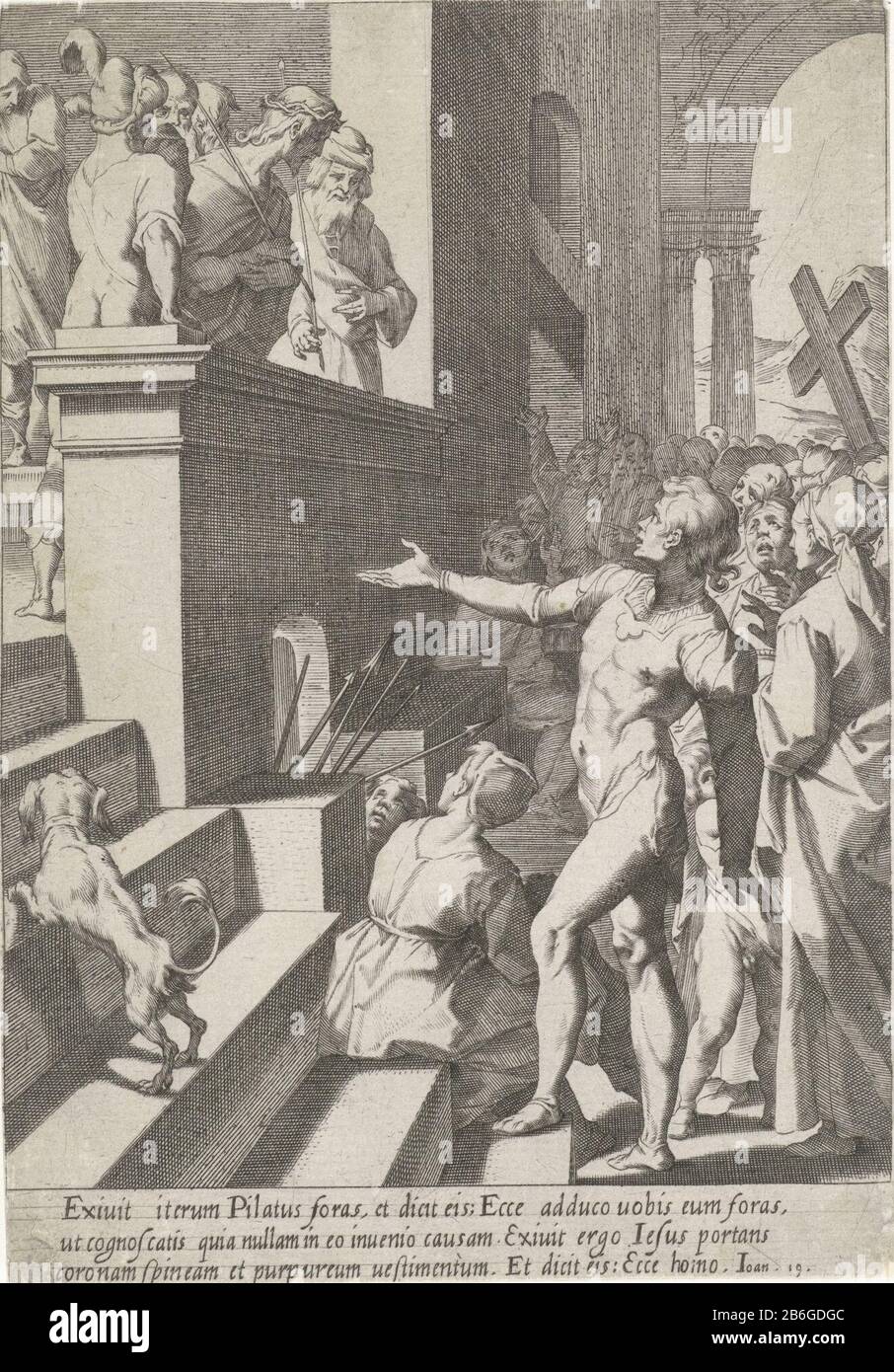 Christ au peuple a montré la Passion du Christ (serietitel) Passionis et resurrectionis (serietitel) Ponce Pilate montrant le Christ portant une robe et une couronne d'épines sur sa tête, dans un coup de fouet à la nation. Les gens qui appellent à sa crucifixion. En marge d'une signature à trois lignes en latin. Imprimez une série de quinze avec la passion de Christus. Fabricant : printmaker Pieter de Jode (I) conçu par Andrea Boscoliuitgever Matteo FlorimiPlaats fabrication: Italie Date: 1590 - 1632 Caractéristiques physiques: Engraa et matière de gravure: Technique du papier: Engraa (procédé d'impression ) / dimension de gravure: Banque D'Images