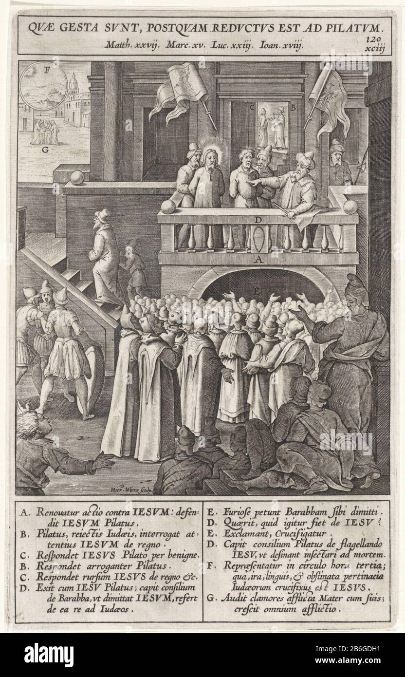 Ponce Pilate montrant le Christ au peuple. Les gens qui appellent à sa crucifixion. À divers éléments du spectacle sont des lettres qui correspondent à la légende dans la marge. Fabricant : printmaker: Jerome Who: Rix (propriété cotée) conçu par: Bernardino PasseriPlaats fabrication: Antwerp Date: 1593 Caractéristiques physiques: Matériel automobile: Technique papier: Engrala ( impression) mesures: Bord de la plaque: H 233 mm × W 145 mToelichtPrent utilisé dans: Nadal, Jeronimo. Evangelicae Historiae Imagine. Anvers: Martinus Nutius, 1593. Objet: Pilate montrant le Christ au peuple, 'Ostentatio Christi', Banque D'Images