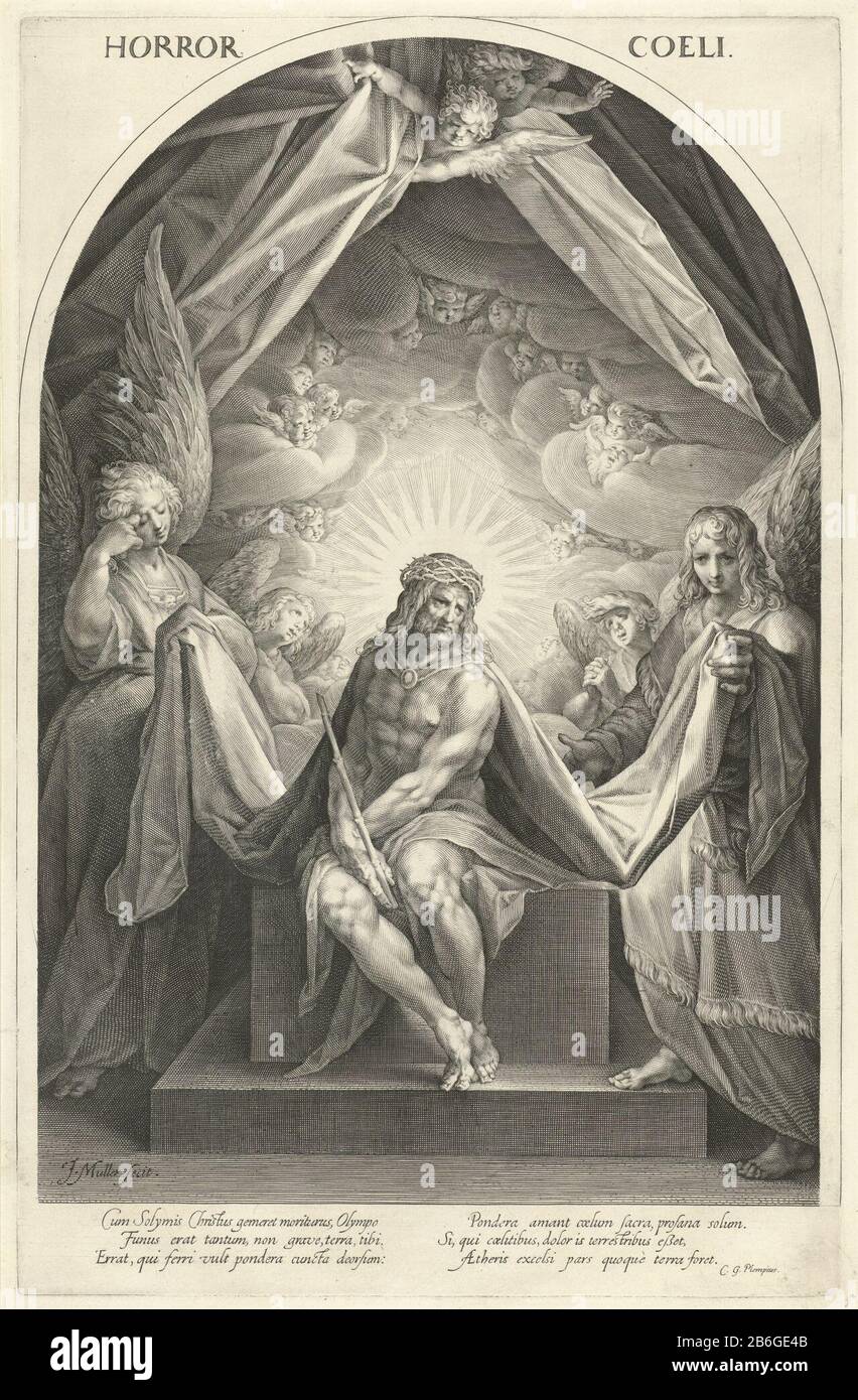 Christ comme Homme de Sorrows Horror Coeli (titre objet) Christ comme Homme de Sorrows, assis avec le bâton dans sa main, vêtu d'une robe royale et d'une couronne d'épines sur sa tête. Il est entouré d'anges pleurant, arrêtant son manteau. Les nuages chérubins. Fabricant : Printmaker Jan Harmensz. Muller (bâtiment classé) dans sa conception: Jan Harmensz. Muller Auteur: Cornelis Gijsbertsz. Plemp (propriété cotée) Lieu de fabrication: Amsterdam Date: 1608 - 1612 Caractéristiques physiques: Matière automobile: Technique du papier: Engrala (procédé d'impression) Dimensions: Bord de la plaque: H 458 mm × W 295 mm Objet: Homme de Sorrows suppor Banque D'Images