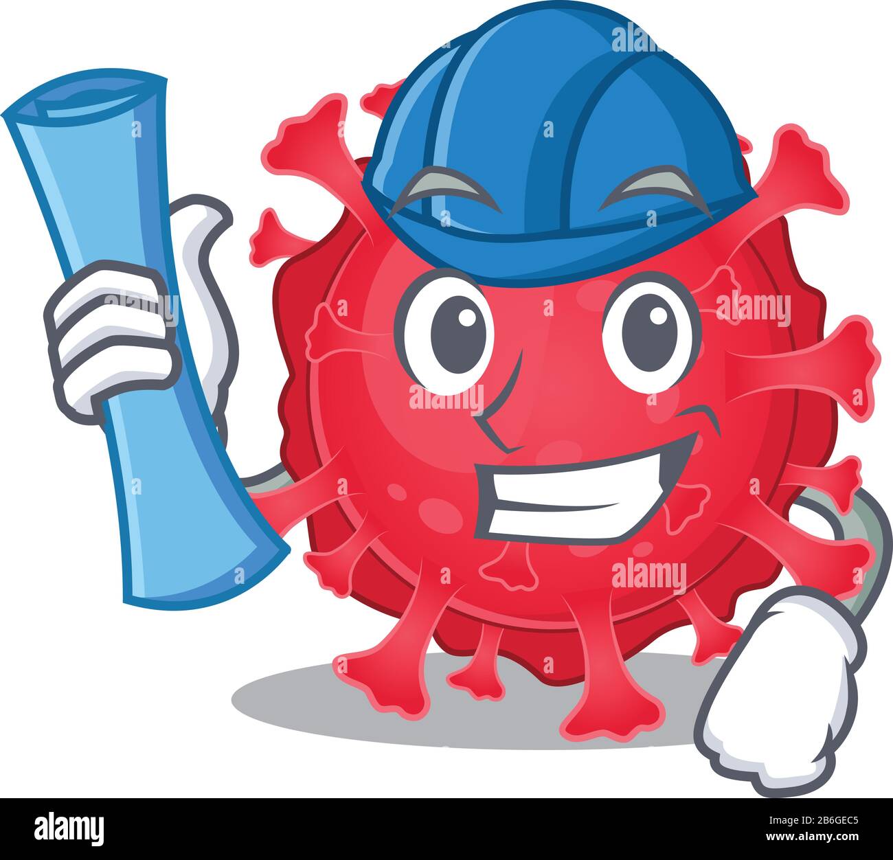 Architecte souriant de substance de coronavirus avec des empreintes bleues et un casque bleu Illustration de Vecteur