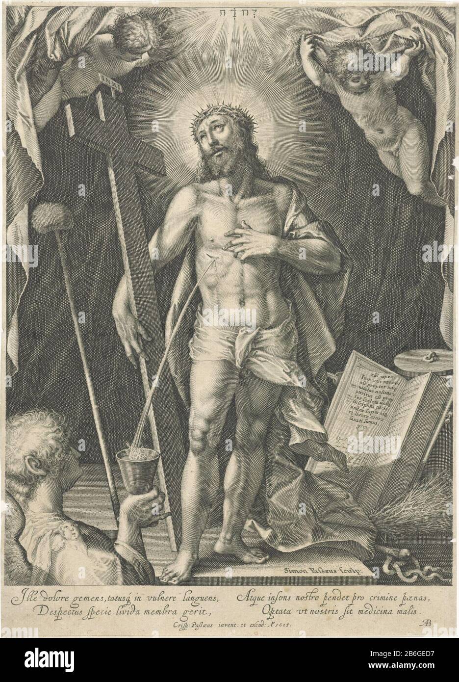 Christ comme l'Homme de Sorroes Christ avec couronne d'épines. Croix entourée par l'Arma Christi. Un ange recueille le sang de la plaie dans son côté dans une craie. Sur le dessus du Tetragrammaton au nom de Dieu. Dans la marge, une signature à quatre lignes, dans deux colonnes, dans Latijn. Fabricant : printmaker: Simon van de Passe (propriété listée) conçu par: Crispijn de Passe (I) (bâtiment listé) écrivain Abraham Buchelius (objet listé) éditeur: Crispijn de Passe (I) (bâtiment listé) Lieu de fabrication: Londres Date: 1615 Caractéristiques physiques: Matériel automobile: Papier technique: A (processus d'impression) D Banque D'Images