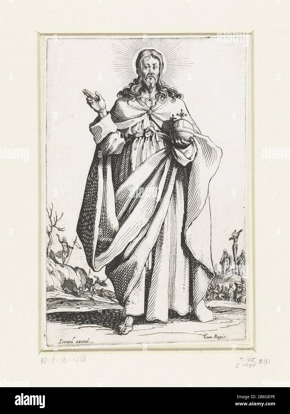 Christ en tant que Salvator Mundi, les grands apôtres (titre de la série) Christ, Marie et les apôtres (titre de la série) Christ, en un mot, dans sa main gauche un orbe, avec la main droite faisant un geste de bénédiction. En arrière-plan à droite, sa crucifixion et sa résurrection partit. Ce tirage fait partie d'une série de 16 reproductions, comprenant une page de titre et 15 portraits, représentant le Christ, Marie et l'appostelen. Fabricant : printmaker Jacques Callotnaar propre design: Jacques Callotouitgever Israel Henriet (propriété cotée) fournisseur de privilège : Louis XIII (roi de France) (bâtiment classé) manufacture De Place Banque D'Images