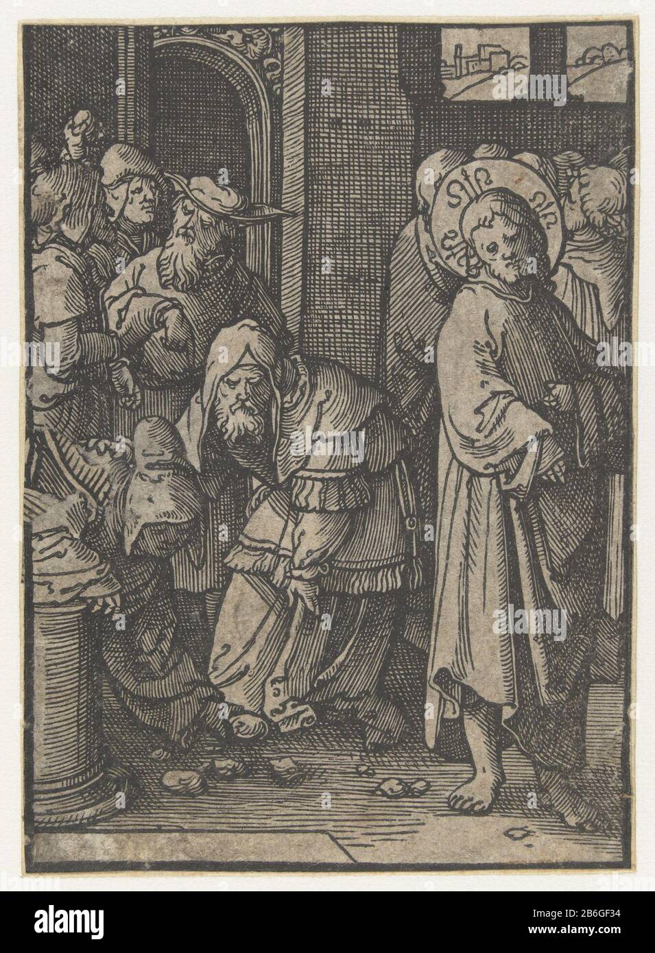 Christ a menacé de lapidation Stupides Passion (titre de la série) Christ dans le Temple les Pharisiens s'attaquent aux pierres vloer. Fabricant : printmaker: Lucas van Leyden (attribué à) Lieu de fabrication: Pays-Bas Date: 1518 - 1522 Caractéristiques physiques: Matériau de coupe du bois: Technique du papier: Dimensions de la coupe du bois: Feuille: H 111 mm × W 80 mmToelielichtingHoutsnede utilisé comme illustration ici commence un pastisye stupide ... à LXXX fiburen FAR, publié par Doen Pietersz. Amsterdam, Où: Apparemment après 1526. Sujet 'considérez les lilas du champ'  doctrine du Christ sur l'anxiété et la précaution (Matthieu Banque D'Images