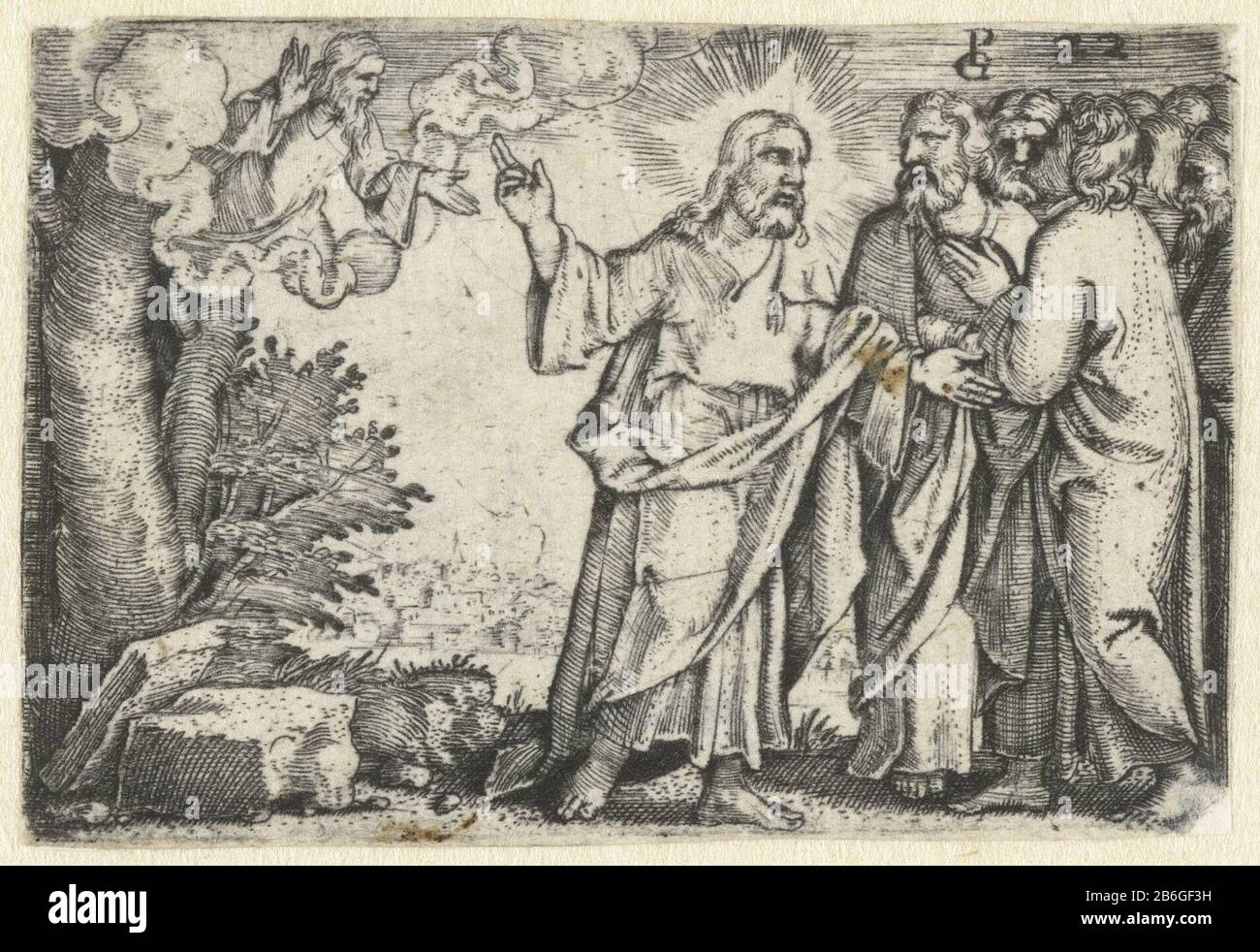Christ prouve à ses disciples qu'il est fils de Dieu la vie du Christ (titre de la série) le Christ prouve à ses disciples qu'il est fils de Dieu par leur Père dans le tonen du ciel. Fabricant : printmaker Georg Pencz (bâtiment classé) dans sa conception: Georg PenczPlaats fabrication: Allemagne Date: 1534 - 1535 Caractéristiques physiques: Matière de prise: Technique du papier: Engraa (processus d'impression) mesures: Bord de la plaque: H 40 mm × b 60 mm Objet: Christ expliquant sa doctrine aux apôtres et aux disciples Banque D'Images