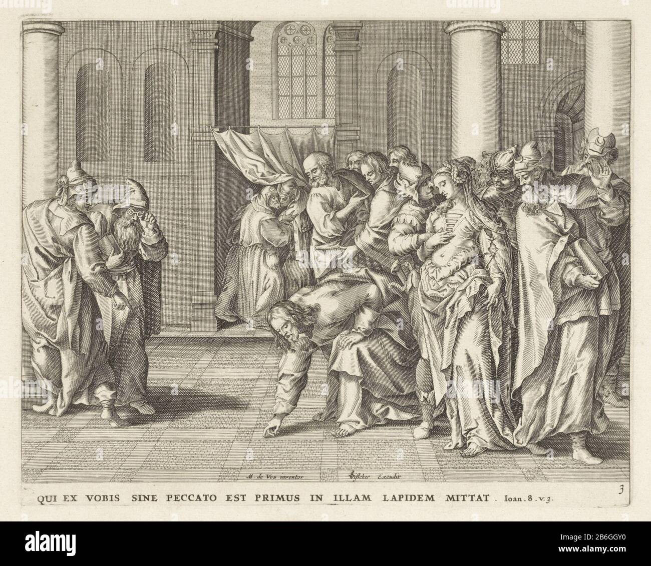 Christ et l'adultérisme événements dans et autour du temple (titre de la série) Theatrum Biblicum (titre de la série) le temple les pharisiens apportent une femme prise dans l'adultère au Christ. Les Pharisiens demandent ce que Christ pense de la loi de Moïse Où: Dans les états que de telles femmes devraient être lapidées. Christ a écrit avec son doigt sur le sol: Un que la première pierre est sans péché devrait jeter seulement. Parmi les performances, une référence en latin à la Bible en Jn. 8: 3. Fabricant : printmaker: Anonyme pour imprimer par Jan Baptist Barbénaar design: Marten de vos (bâtiment classé) éditeur Claes Jansz. Vischer (II) ( Banque D'Images