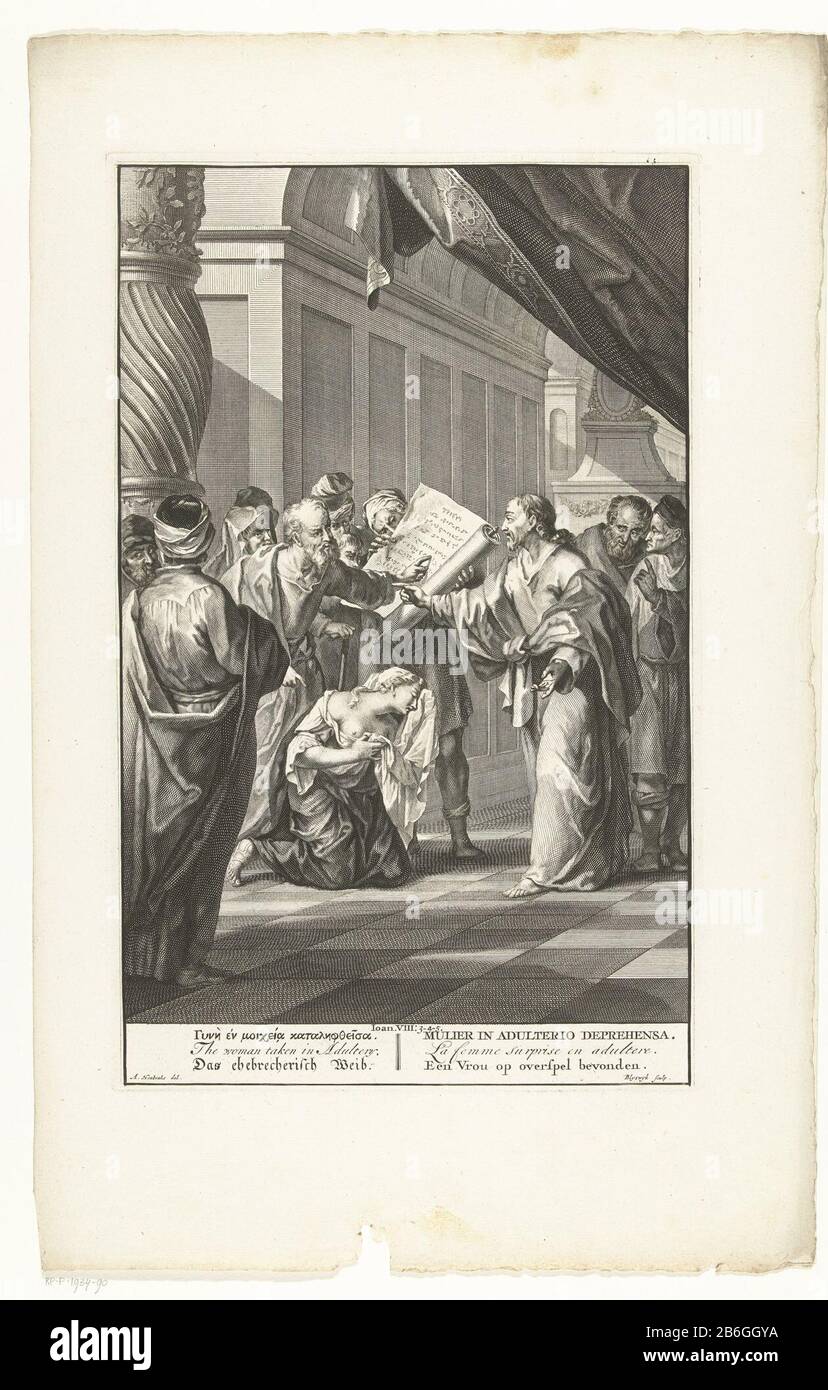 Christ et l'adultère un wom trouvé dans l'adultère (objet titre) Les scribes et les pharisiens demandent au Christ ce qu'il faut faire avec une femme prise dans l'adultère. Un homme pointe à la loi de Moïse Où: Capables ils devraient être lapidés. Parmi les spectacles se trouve en six langues ​​a texte biblique de Jean 8: 3-5 Fabricant : printmaker: François Bleys Wyck (propriété cotée) à dessiner: Arnold Houbraken (propriété cotée) Lieu de fabrication: Leiden Date: 1681-1728 et / ou 1728 Caractéristiques physiques: Gravure et engring matériel: Technique papier: Gravure / engralement (impression) Dimensions : bord de la plaque : H 355 mm × W 225 mmpincement Banque D'Images