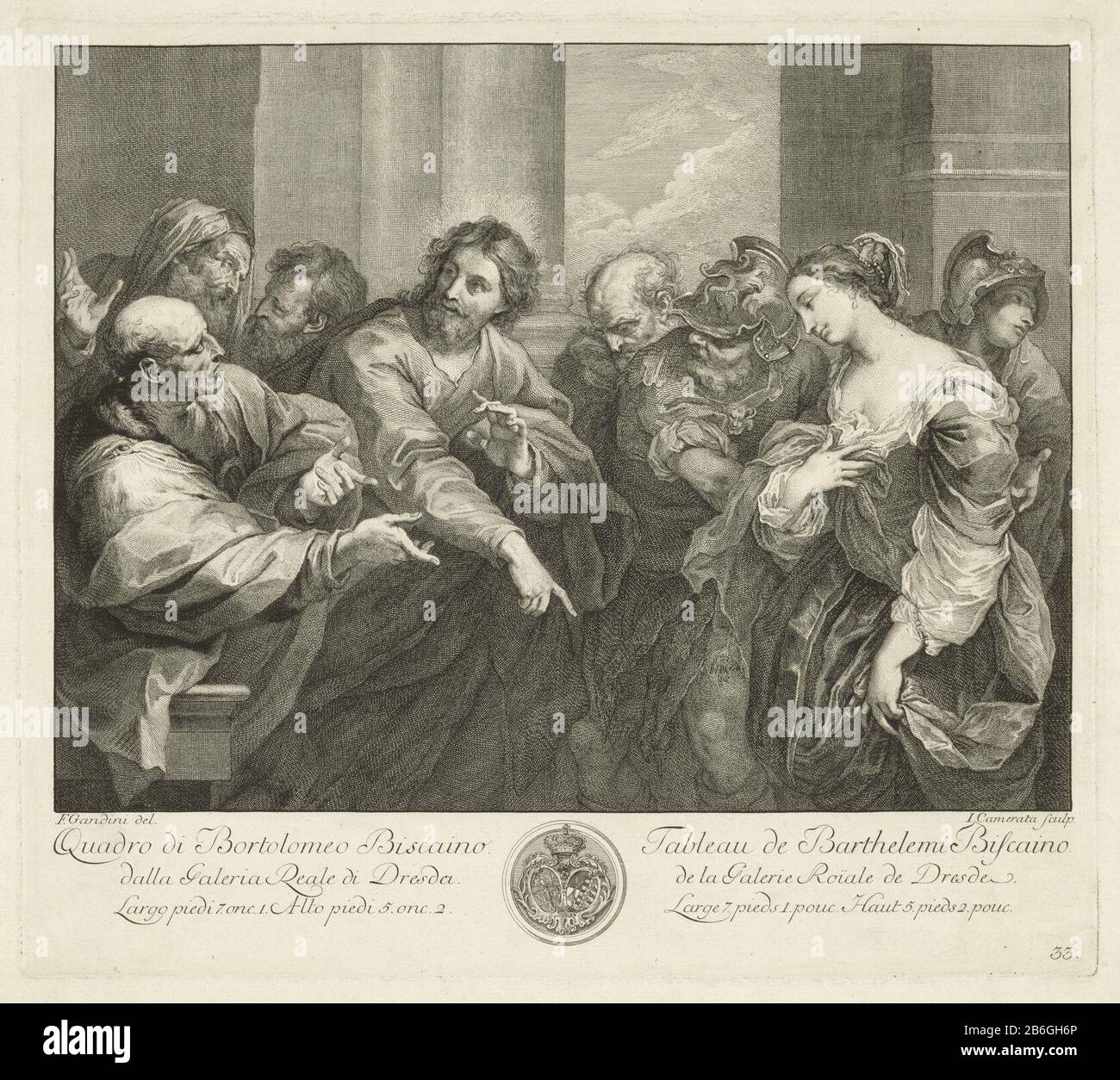 Christ et l'adultérisme que les pharisiens apportent à l'adultère ont pris la femme au Christ pour le faire juger de son infraction. Christ pointe vers le sol. Texte et armoiries en marge inférieure. Numéroté à droite: 33. Fabricant : graveur Giuseppe Camerata (II) (bâtiment classé) dans le dessin: Francesco Gandini (propriété cotée) à la peinture: Bartolomeo Biscaino (propriété cotée) Lieu de fabrication: Italie Date: 1728 - 1803 Caractéristiques physiques : gravure et engrera matériau: Papier: Gravure / engrera (procédé d'impression) mesures: Bord de la plaque: H 348 mm × W 391 mm Objet: Les Pharisiens apportent une femme accusée ou un Banque D'Images