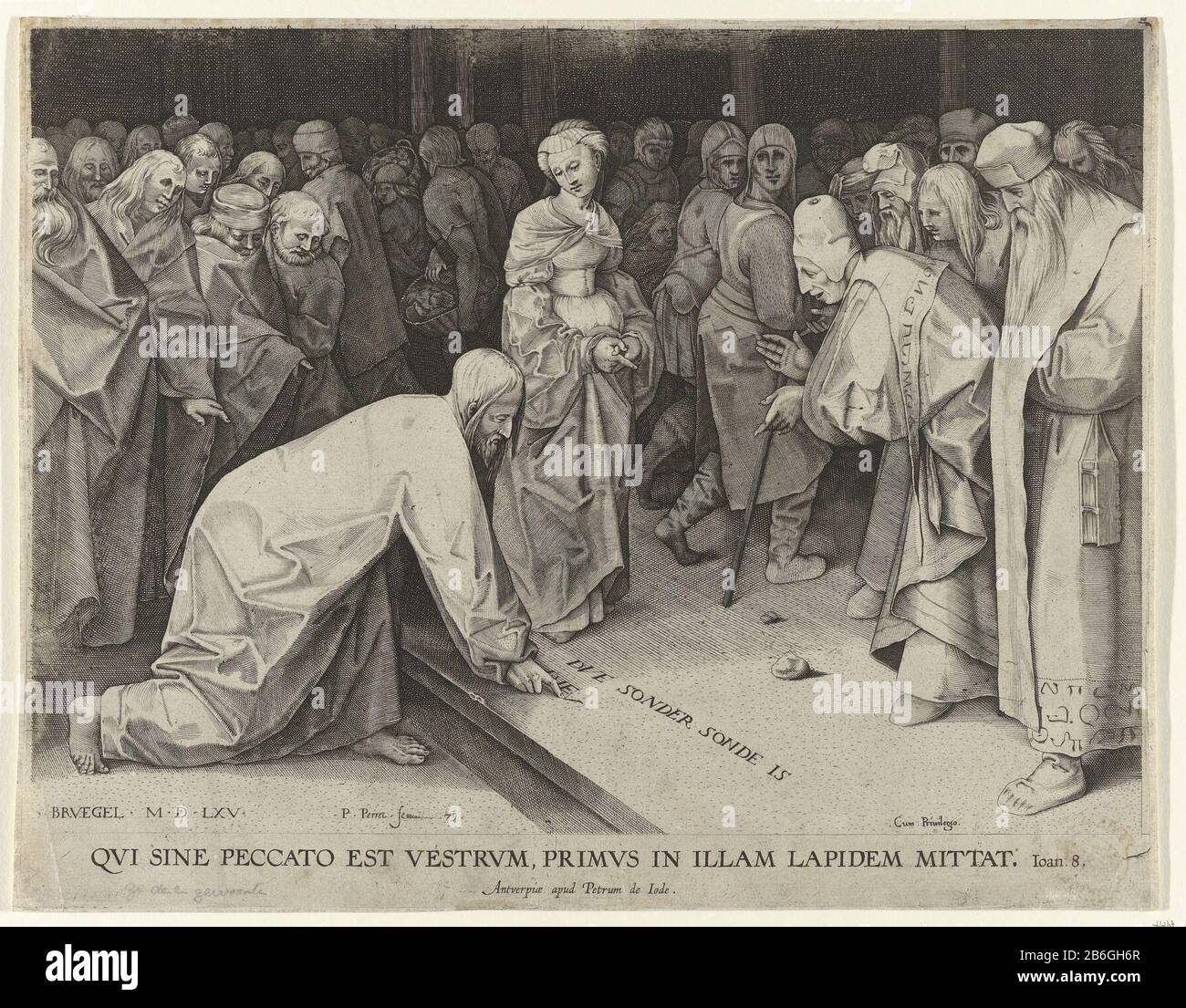Christ et l'adultérisme Dans le temple les pharisiens apportent une femme prise dans l'adultère au Christ. Les Pharisiens demandent ce que Christ pense de la loi de Moïse Où: Dans les états que de telles femmes devraient être lapidées. Christ a écrit avec son doigt sur le sol qu'il est sans péché mais pour jeter la première pierre. Parmi les performances, une référence en latin à la Bible en Jn. 8. Fabricant : printmaker Pieter Perret (propriété listée) à peindre par Pieter Bruegel (i) (bâtiment listé) Editeur: Pieter de Jode (propriété listée) fournisseur de privilèges inconnu (propriété listée) Lieu de fabrication: Anwer Banque D'Images