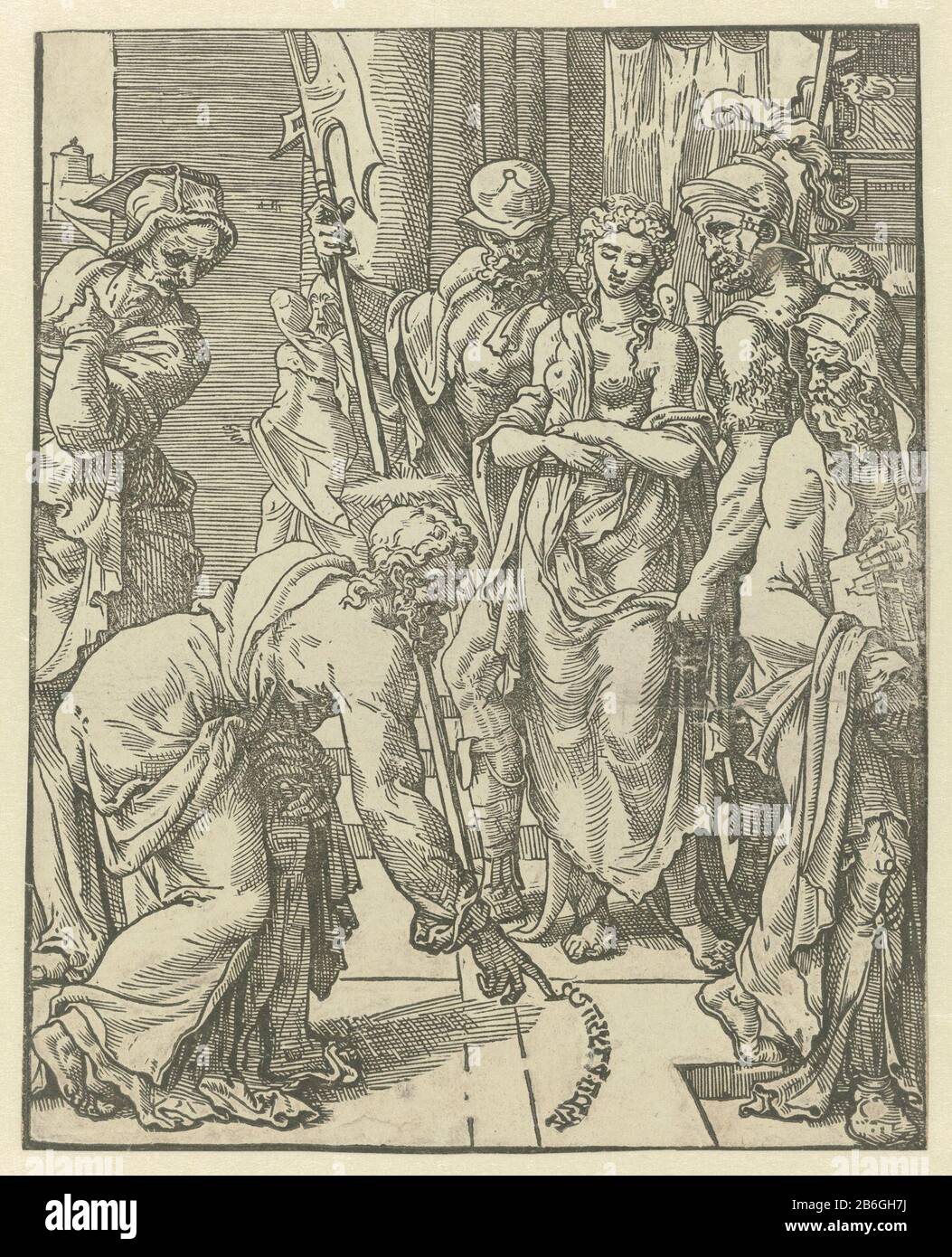 Christ et l'adultérisme Le temple plusieurs pharisiens apportent une femme prise dans l'adultère au Christ. Les Pharisiens demandent ce que Christ pense de la loi de Moïse Où: Dans les états que de telles femmes devraient être lapidées. Christ a écrit avec son doigt sur le sol et dit ensuite qu'il qui est sans péché, mais la première pierre devrait werpen. Fabricant : Printmaker: Dirck Volckertsz. Coornhert En dessin: Maarten van Heemskerckstraat Lieu de fabrication: Pays-Bas Date: CA. 1548 Caractéristiques physiques: Matériau du bloc de bois: Technique du papier: Dimensions du bloc de bois: Feuille: H 236 mm × W 190 mm Objet: Phar Banque D'Images
