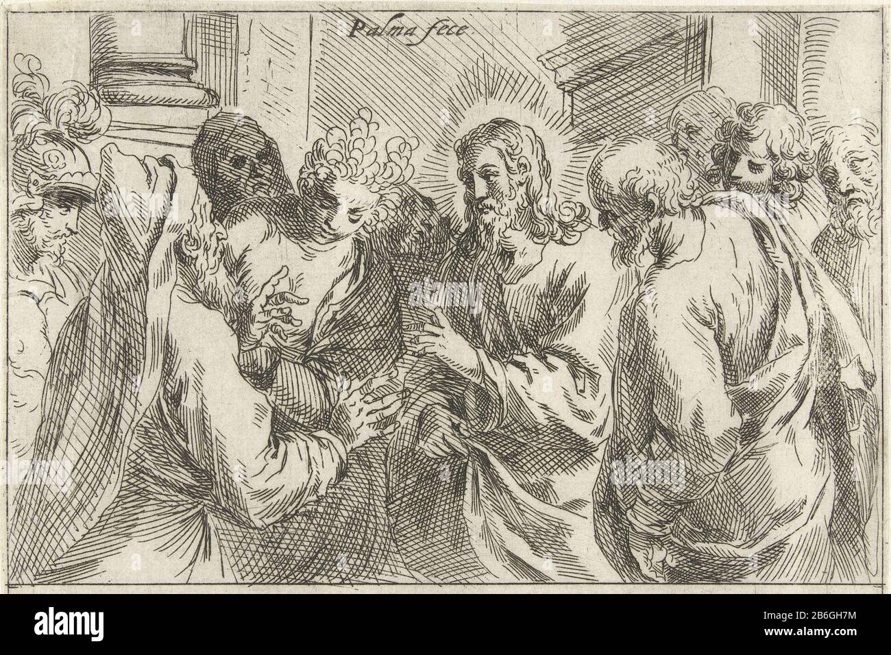 Christ et l'adultérisme Christ et la femme adultère, entourés de Pharisiens dans le temple. Performance supérieure sur une feuille avec deux afbeeldingen. Fabricant : printmaker Jacopo (I) Palma (il Giovane) (bâtiment classé) éditeur: Giacomo Franco (éventuellement) Lieu de fabrication: Italie Date: 1554 - 1611 Caractéristiques physiques: Matériel de gravure: Technique du papier: Gravure Dimensions : image: H 111 mm × W 170 mmToeliechtingEen des tirages dans l'Excellentia et Nobilitate Delineationis Libri Duo, publié par Giacomo Franco en 1611. Objet: Les pharisiens apportent une femme ou accusent l'adultère devant Christ (Jean Banque D'Images