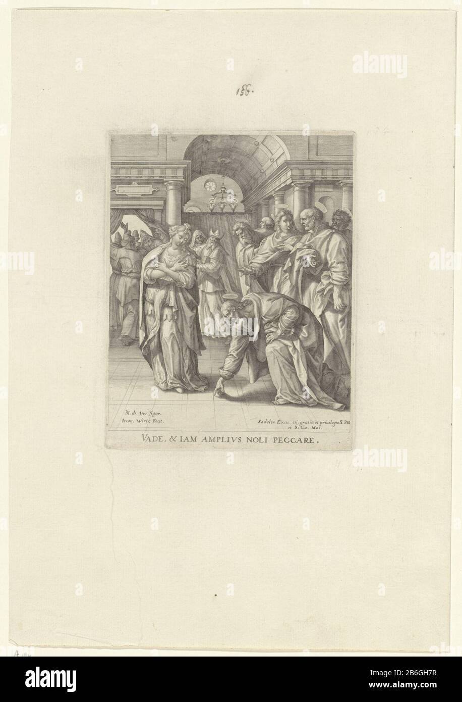 Christ et l'adultéess Vade, et Iam Amplifs Noli peccare (titre objet) Déplacent le temple de Jérusalem, les Pharisiens une femme prise dans l'adultère au Christ. Il doit la juger. Christ a écrit avec son doigt sur le sol et dit: Qui: Est sans péché a jeté le premier steen. Fabricant : printmaker: Hieronymus Wierix (propriété cotée) conçu par: Marten de vos (bâtiment classé) éditeur: Sadeler (objet coté) fournisseur de privilège: Rudolf II de Habsburg (empereur allemand) (bâtiment coté) Lieu de fabrication: Anvers Date: 1573 - 1619 Caractéristiques physiques: Matière automobile: Papier technique: Engraa (pri Banque D'Images