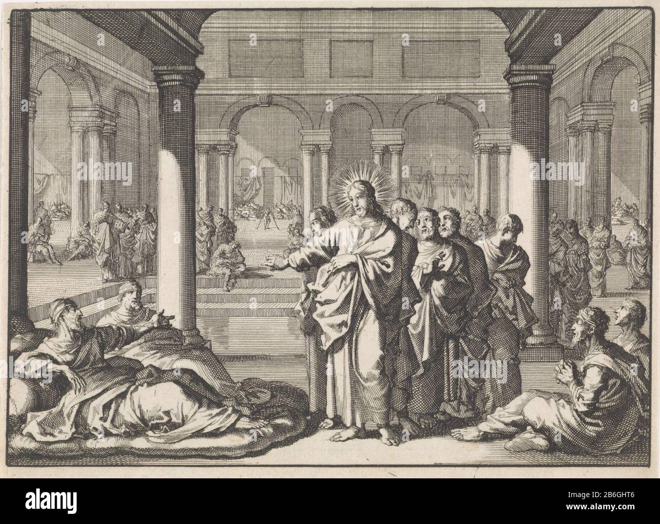 Christ et ses disciples au Pool de Siloam Christ et ses disciples dans le Pool de Siloam. Christ parle à un homme aveugle. Fabricant : printmaker Jan Luyken à concevoir: Jan Luyken Editeur: William BroedeletPlaats fabrication: Amsterdam Date: 1700 Caractéristiques physiques: Gravure; matériau d'épreuvage: Technique du papier: Dimensions de gravure: Feuille: H 180 mm × W 130 mmToelichtingProefdruk pour une illustration de livre pour Jeremy Taylor. Histoire va pas la vie et la pieule de la saligmaker d'onsen Jésus Christ. Partie III Amsterdam: Willem Broedelet, 1700, P. 4. Sujet: Guérison d'un homme né aveugle: Christ touche son Banque D'Images