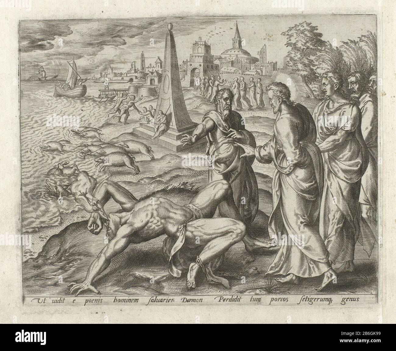 Christ heals un homme possédé Micules of Christ (titre de la série) Christ heals a possédé manWonderen of Christ (titre de la série) Type de propriété: Album leaf Picture Numéro d'article: RP-P-1988-297-76Catalogusreferentie: Mielke 48New Holllstein Dutch 176-1 (2) Note: RixNew Hollstein Dutch 68-1 (2) Note: Gerard van Groeningen Description: Christ guérit un homme possédé dans la région des Gerasènes. Les mauvais esprits ont laissé l'homme à travers sa bouche et se tirant dans un troupeau de porcs, qui s'ingérer dans le lac et se noyer. Les disciples du Christ regardent. En arrière-plan est représenté la suite des s Banque D'Images