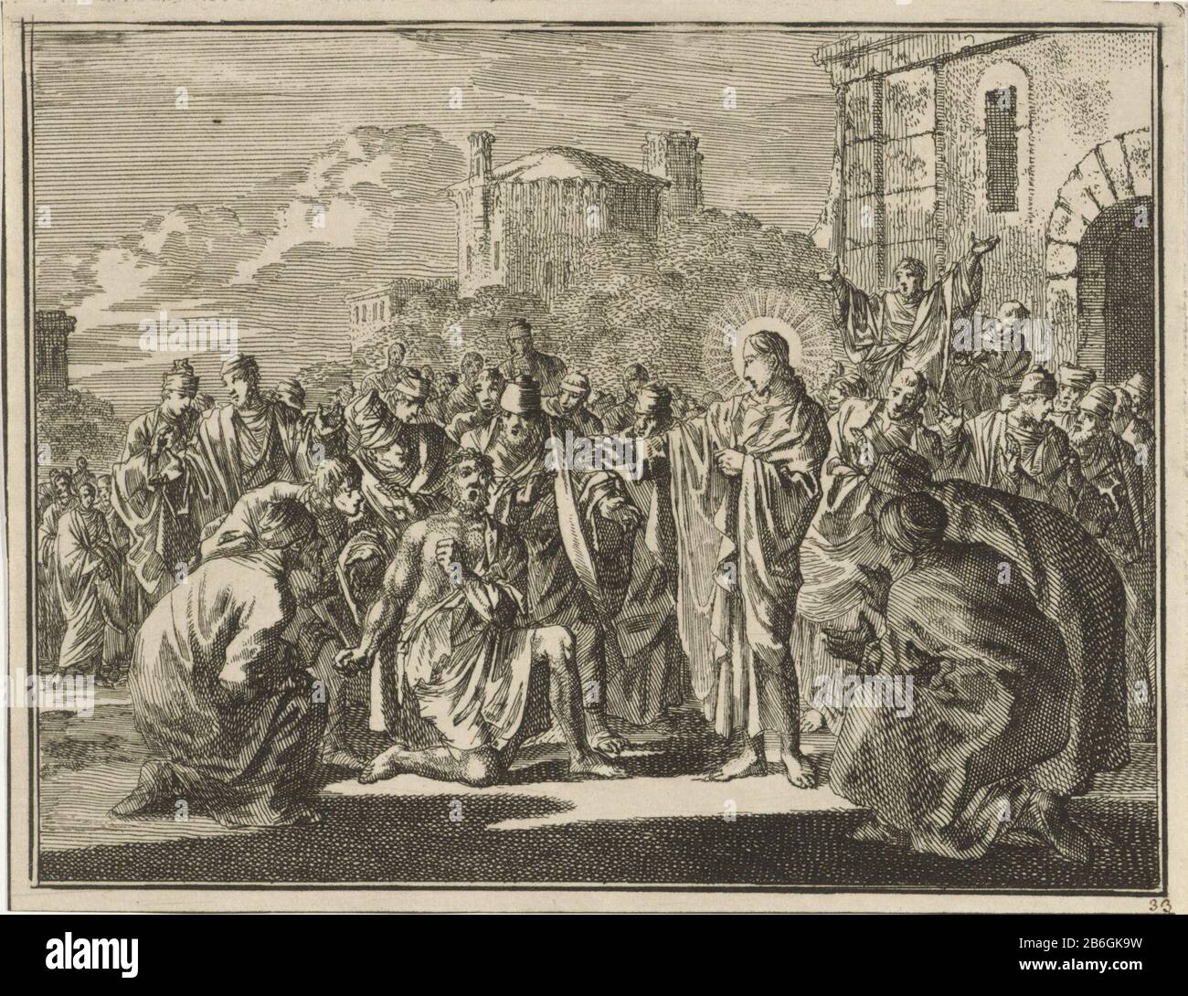 Christ guérit un homme possédé aux fins des Pharisiens et de l'écriture saved Type d'objet: Photo Numéro d'article: RP-P-OB-45.978Catalogusreferentie: Van Eeghen 4273 Inscriptions / marques: Marque du collectionneur, verso, estampillé: Lugt 2228nummer, recto écriture manuscrite à l'encre brune: '33' Fabricant: Jan Luyken lieu de fabrication: 1712: Amsterdam Caractéristiques physiques: Gravure; matériel d'épreuvage: Technique du papier: Dimensions de gravure: Feuille: 117 mm × H 153 b mmToelichtingProefdruk de l'illustration de: Luyken, Jan. Les histoires de schriftuurlyke et gelyk niches des anciens et nouveaux Pactes, 2 pa Banque D'Images