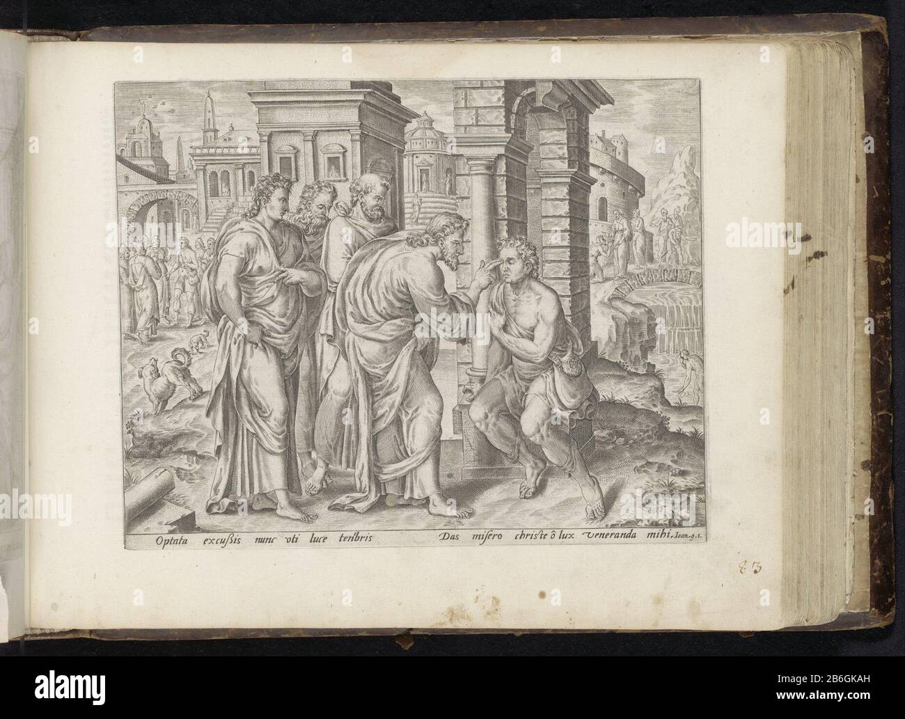 Christ Healing The Blind Histories opt-feuillage Tabernacles (titre de la série) les miracles du Christ (titre de la série) Le Grand Figer-Bibel (titre de la série) le Christ frotte la boue et la salive aux yeux d'un homme né aveugle. Quelques disciples du Christ derrière lui et regarder. Droite montre comment l'homme aveugle se lave dans une rivière (Siloam). A quitté l'homme guéri et ses parents sont interrogés par les Pharisiens. Loin dans le fond, l'homme guéri s'agenouillant avant Christ, après avoir été chassé loin par les Pharisiens. Parmi les performances, une référence en latin à la Bible en Jn. 9: 1. Cette impression fait partie de Banque D'Images