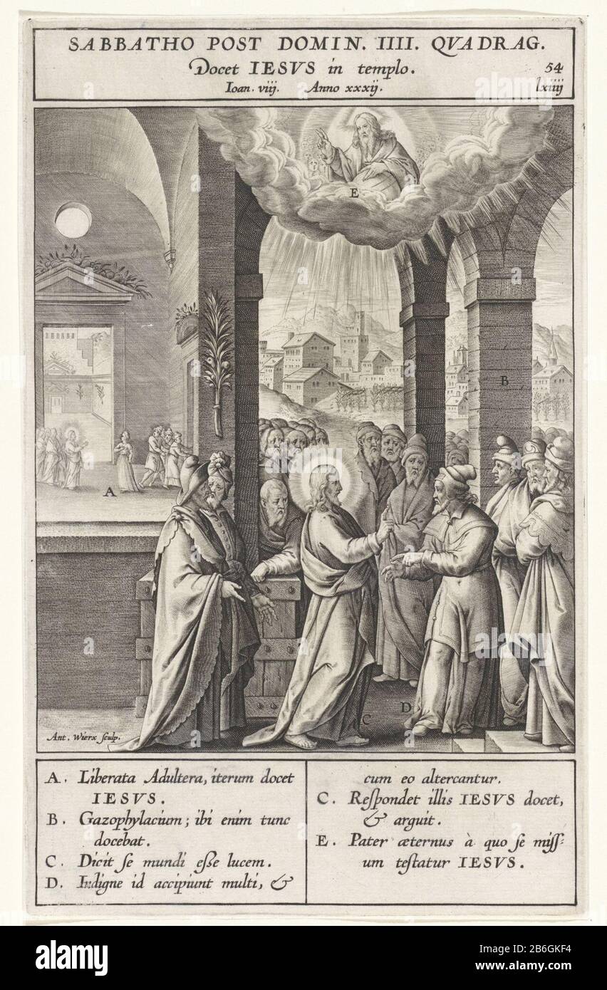 Christ témoigne de lui-même Sabbatho Post Domin IIII Qvadrag (titre objet) le temple du trésor que le Christ enseigne. En arrière-plan est vu la femme adultère. Dans le ciel, Dieu le Père. À divers éléments du spectacle sont des lettres qui correspondent à la légende dans la marge. Fabricant : printmaker Antonie Who: Rix (II) (bâtiment classé), conçu par: Bernardino PasseriPlaats fabriquent: Anvers Date: 1593 Caractéristiques physiques: Matériel automobile: Technique du papier : engraa (procédé d'impression) mesures: Bord de la plaque: H 232 mm × W 144 mmToeliechtPrer utilisé dans: Nadal, Jeronimo. Evangelicae Historiae Banque D'Images