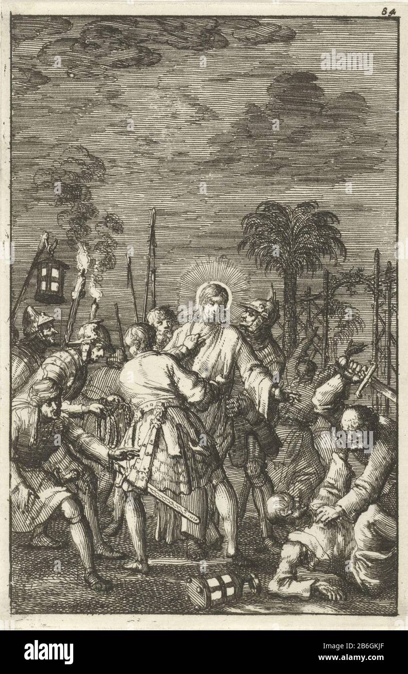 Christ arrêté dans le jardin de Gethsemane Imprimer droit numéroté: 84 Fabricant : printmaker Jan Luyken Éditeur: Aart Dircksz. OossaanPlaats fabrication: Amsterdam Date: 1684 Caractéristiques physiques: Matière de gravure: Technique du papier: Gravure Dimensions: Feuille: H 135 mm × W 89 mmToelichtingillustratie de long Dult, Peter. Christ lydende et verheerlykt. Le tragique allerheylsaamste joue. Amsterdam: Aart Dircksz Oossaan, 1684. Objet: Le jugement du Christ  jardin de Gethsemane Banque D'Images