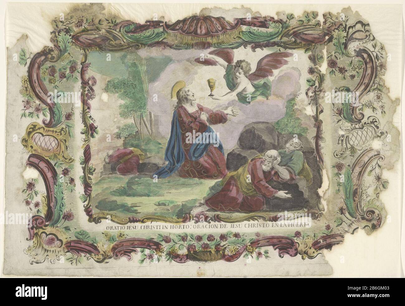 Christ dans le jardin de Gethsemane Oratio Jesu Christi dans horto oracion le Jesu Christo et la Huerta (titre objet) le Christ prie ses disciples sur le Mont des Oliviers et est visité par un ange avec une calice. Avant droit deux apôtres dormants. Le côté arrière gauche un troisième apôtre dormant. Titre en deux langues ​​under la performance. La scène est capturée dans un ornamentrand. Fabricant : printmaker Giovanni Volpatouitgever: Famille RemondiniPlaats fabrication: Printmaker: Italie Éditeur: Bassano del Grappa Dating: 1700 - 1799 Caractéristiques physiques: Gravure et engraa, couleur main en rouge, ye Banque D'Images