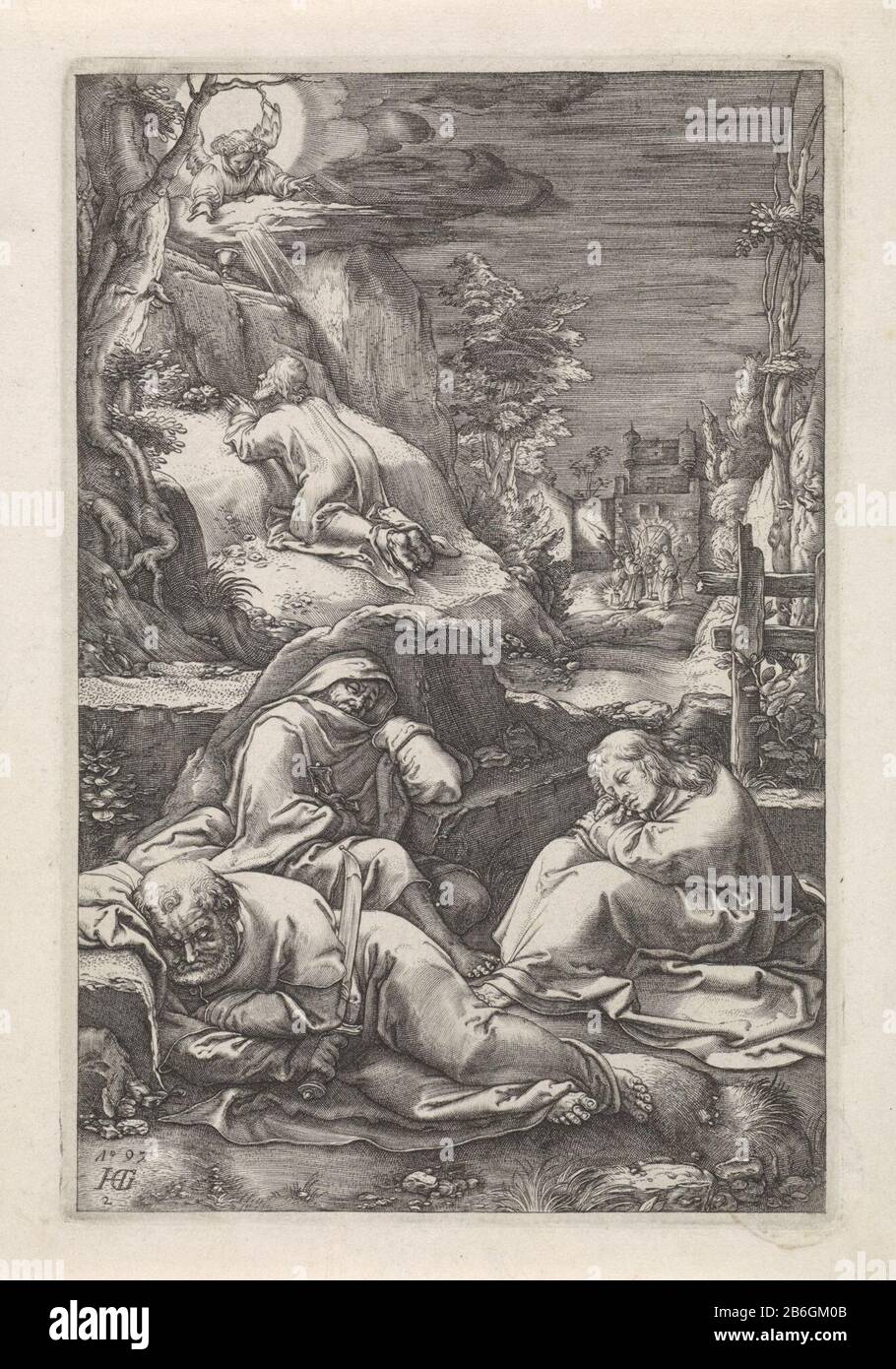 Christ dans le jardin de Gethsemane la Passion (servietitel) Christ priant dans le jardin de Gethsemane. Un ange lui apparaît et lui montre une calice. Au premier plan, trois disciples dormant. Via la porte droite arrive le groupe soldaten. Fabricant : printmaker: Anonyme pour imprimer par: Hendrick Goltzius (propriété cotée) Lieu de fabrication: Pays-Bas Date: 1597 et / ou 1597 - 1667 Caractéristiques physiques: Matière automobile: Technique du papier: Engraa (procédé d'impression) Dimensions: Bord de la plaque : h 198 mm × W 132 mmToeliechtPrent peut-être utilisé dans: Le Grand Emblemata Sacra. Amsterdam : Jan Philipsz Sc Banque D'Images