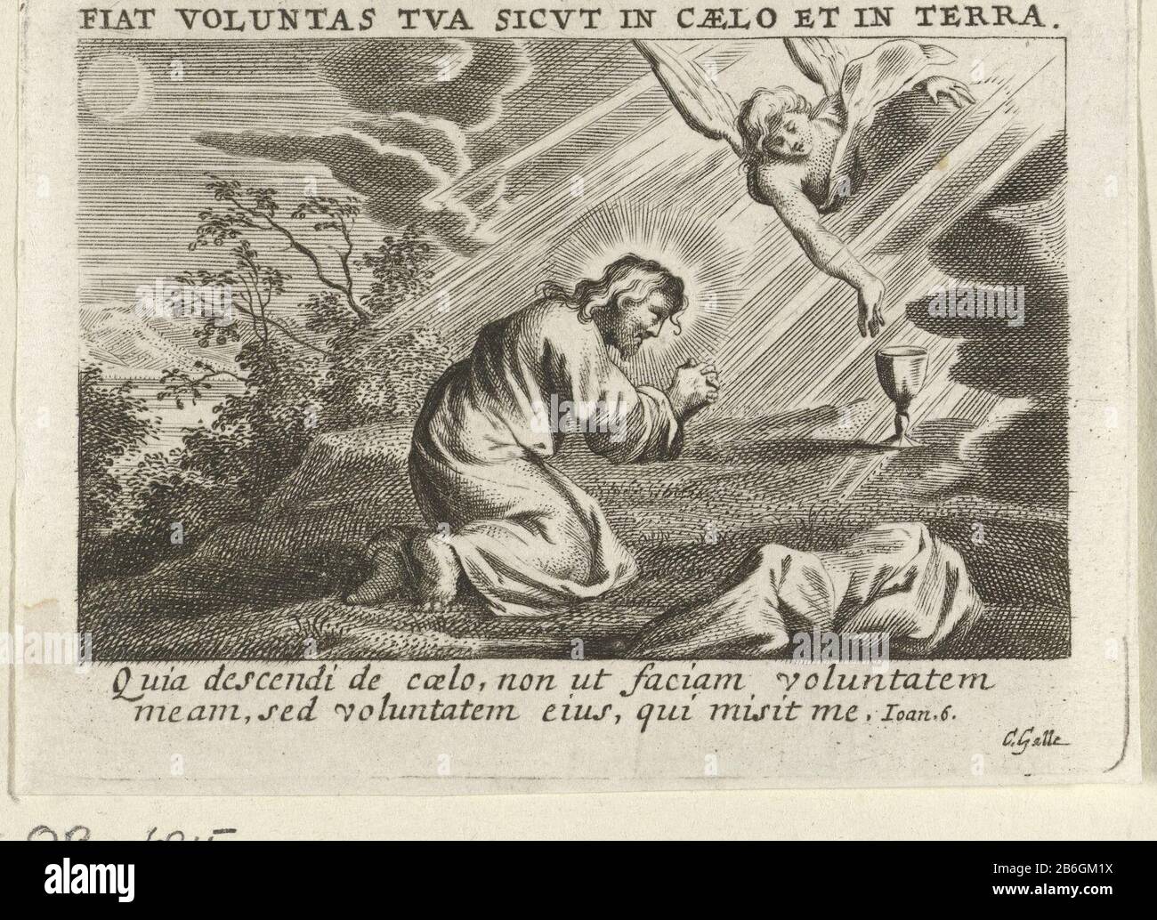 Christ dans le jardin de Gethsemane Christ s'agenouille la nuit sur le Mont des Oliviers et prie. Un ange lui apporte une tasse. Parmi le spectacle un verset latin de John. 6. Fabricant : printmaker Cornelis Galle (II) (bâtiment classé) printmaker Cornelis Galle (III) (bâtiment classé) Lieu de fabrication: Anvers Date: 1638 - 1678 Caractéristiques physiques: Matériel automobile: Technique du papier: Engraa (processus d'impression) Dimensions: Feuille : h 68 mm × 93 b mm Objet: Agonie du Christ: Confort pour lui un ou plusieurs anges appearacné au Christ avec la craie et / ou croix- Banque D'Images