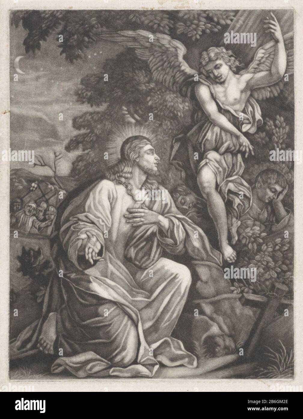Christ dans le jardin de Gethsemane le Christ prie Dieu dans le jardin de Gethsemane et a une vision . En arrière-plan sont deux de ses élèves slapen. Fabricant : printmaker: Anonyme Date: 1650 - 1800 Caractéristiques physiques: Mezzotint matériau: Papier technique: Mezzotint dimensions: Bord de la plaque: H 229 mm × W 175 mm Sujet: Prière du Christ dans le jardin de Gethsemane pendant la nuit Banque D'Images