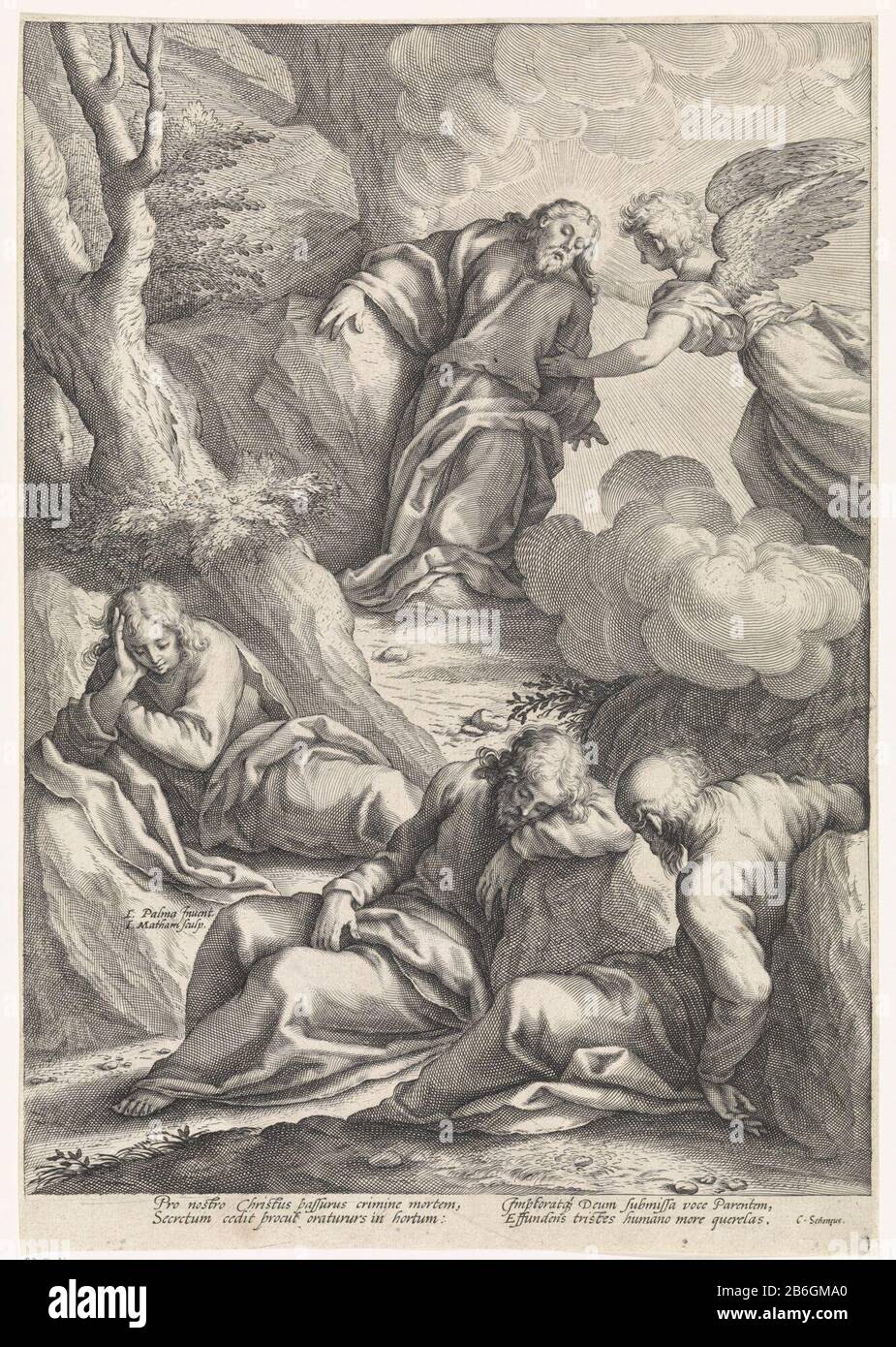 Christ dans le jardin de Gethsemane Christ dans le jardin de Gethsemane. Trois apôtres dormants au premier plan. Derrière Christ est soutenu par un engel. Fabricant : printmaker Jacob Matham (propriété cotée) à la peinture par Jacopo Palma (propriété cotée) écrivain Cornelius Schonaeus (propriété cotée) Lieu de fabrication: Haarlem Dating: 1594 - 1598 Caractéristiques physiques: Engraa matériau: Papier technique: Engrala (impression) Dimensions: Feuille: H 395 mm × W 275 mm Sujet: La prière du Christ dans le jardin de Gethsemane pendant la nuit du Christ: Pour le réconforter un ou plusieurs anges appearacné à C Banque D'Images