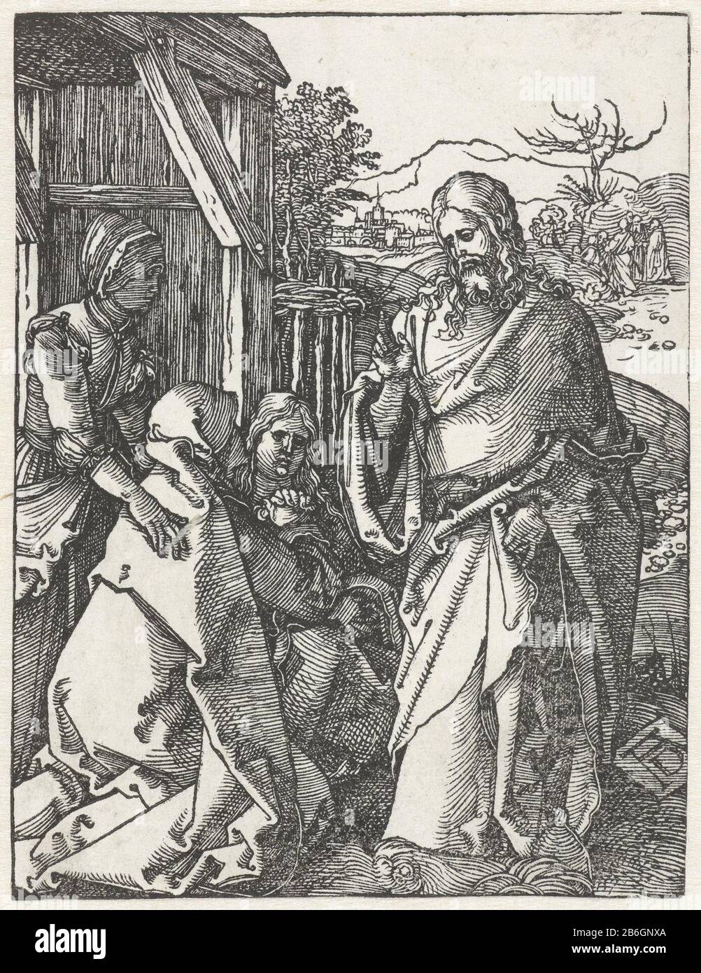 Christ fait ses adieux à sa mère petite Passion (titre de la série) Christ dit au revoir à sa mère, s'agenouillant devant lui, avec deux autres femmes autour d'elle. Cette photo fait partie de la série d'images 'Mall Passion', composée d'une frontispiece et de 36 scènes bibliques (principalement de la Passion) . Fabricant : printmaker Albrecht Dürer (propriété cotée) Lieu de fabrication: Nuremberg Date: 1508 - 1509 Caractéristiques physiques: Matière de coupe du bois : papier technique: Dimensions du bloc de bois: Image: H × 127 mm b 98 mm Sujet: Christ prenant congé ou Mary, Mary Habituellement Magdalene présent Banque D'Images
