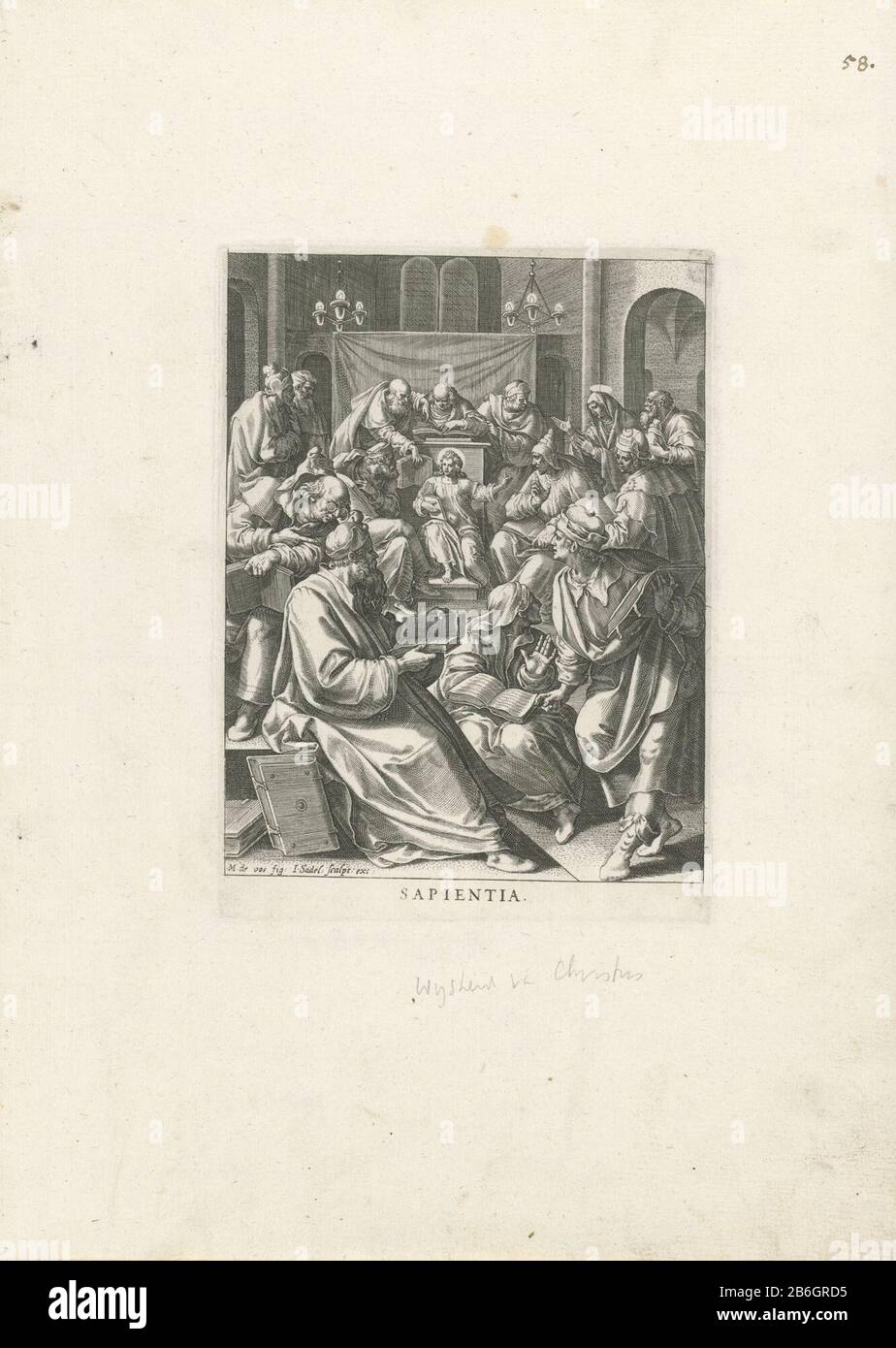Christ parmi les enseignants sagesse Sapientia (titre objet) Vertus du Christ (titre de la série) VIRTUTES Iesu Christi Fili Dei Vivi (titre de la série) douze ans Christ parmi les scribes dans le temple. La troisième photo d'une série en huit parties avec des scènes de la vie du Christ qui sont des vertus importantes verbeelden. Fabricant : printmaker Johann Sadeler (I) (bâtiment coté) dans le dessin: Marten de vos (bâtiment coté) Editeur: Johann Sadeler (I) (bâtiment coté) Lieu de fabrication: Munich Date: 1585 - 1588 Caractéristiques physiques: Matériel automobile: Papier technique: Engraa (processus d'impression) Dimensions Banque D'Images