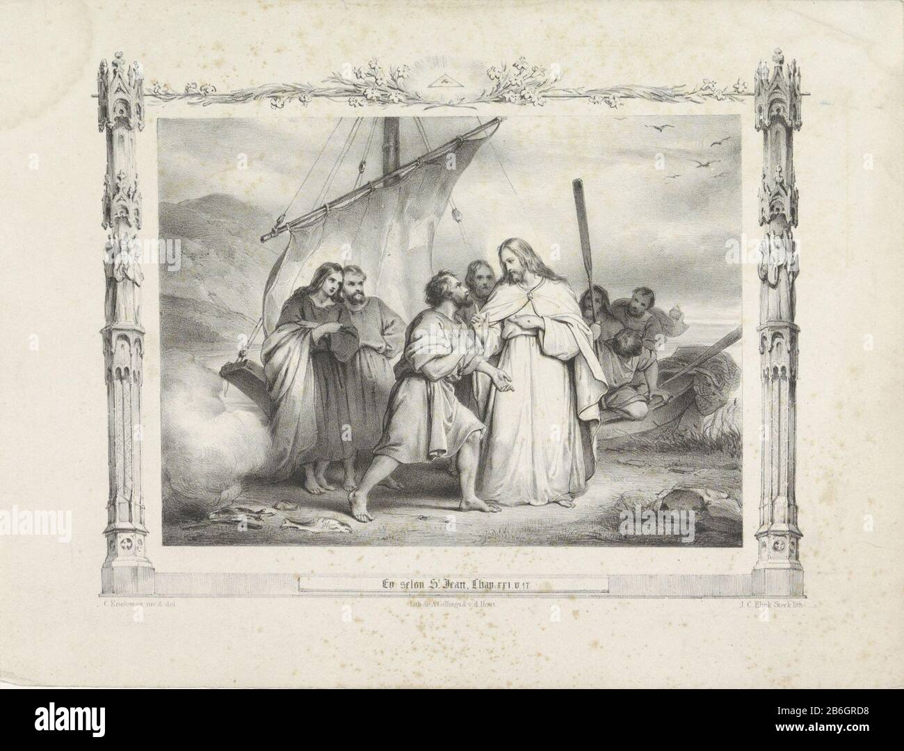 Christ alambique la tempête sur le lac Christ et ses Decpepelen se tiennent à terre. Est le bateau derrière eux. Les apôtres voient le Christ en incrédulité. Christ dans une lumière et avec des stigmates visibles dans ses mains, faisant le geste de parole. Autour de l'image une bordure décorative composée de colonnes gothiques avec anges, plante et centre au-dessus d'un oeil tout-voyant. Milieu se référant à la Bible Jean 6: 17. Fabricant : printmaker: Isaac Cornelis Elink Strong (propriété cotée) conçu par Cornelis Kruseman (bâtiment classé) imprimante A. Collings & van den Hout (propriété cotée) Lieu de fabrication : printmaker: Le H Banque D'Images