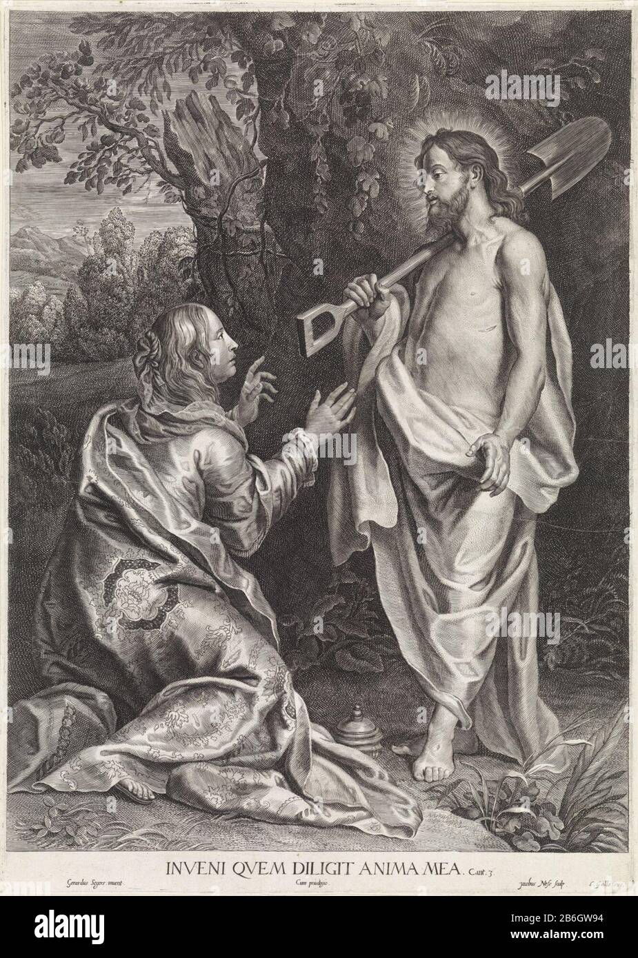 Christ apparaît à Marie Magdalène (Noli Me Tangere) Marie Magdalene s'agenouillant avant Christ dans un paysage. Il se tient devant elle avec une bêche sur son épaule, la plaie à être visible. Outre Mary Magdalene est son pot d'onguent. Au bas d'un verset dans le latin De Ne Pas Dans la marge. 3. Fabricant : printmaker Jacob Neefs (bâtiment classé), conçu par Gerard Seghers (bâtiment classé) Editeur: C. Galle (propriété cotée) Lieu de fabrication: Anvers Date: 1620 - 1680 Caractéristiques physiques: Matière automobile: Technique du papier: Engrala (processus d'impression) mesures: Bord de la plaque: H 454 mm × W 321 mm Banque D'Images