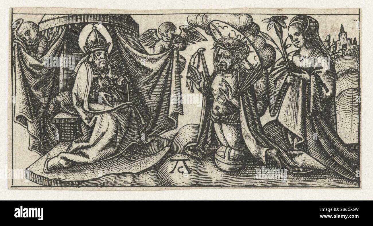 Christ devant le trône de Dieu Dieu Dieu le Père sur le trône sous un couvert soutenu par deux anges. Christ s'agenouillant sur le ballon droit avec les instruments de la Passion avec eux. Derrière lui avec passiébloem Saint. Fabricant : printmaker: Monogrammiste AC (XVIe siècle) (bâtiment classé) printmaker: Alaert Claesz. (Possible) Lieu de fabrication: Pays-Bas Date: 1520 - 1562 Caractéristiques physiques: Matière de voiture: Papier technique: Engraa (procédé d'impression) Dimensions: Feuille: H 32 mm × W 62 mm Objet: Dieu le Père comme barbu vieux Benthique, habituellement avec couronne ou tiara ou sceptre et / ou globe cala'Salutis 'Chr Banque D'Images