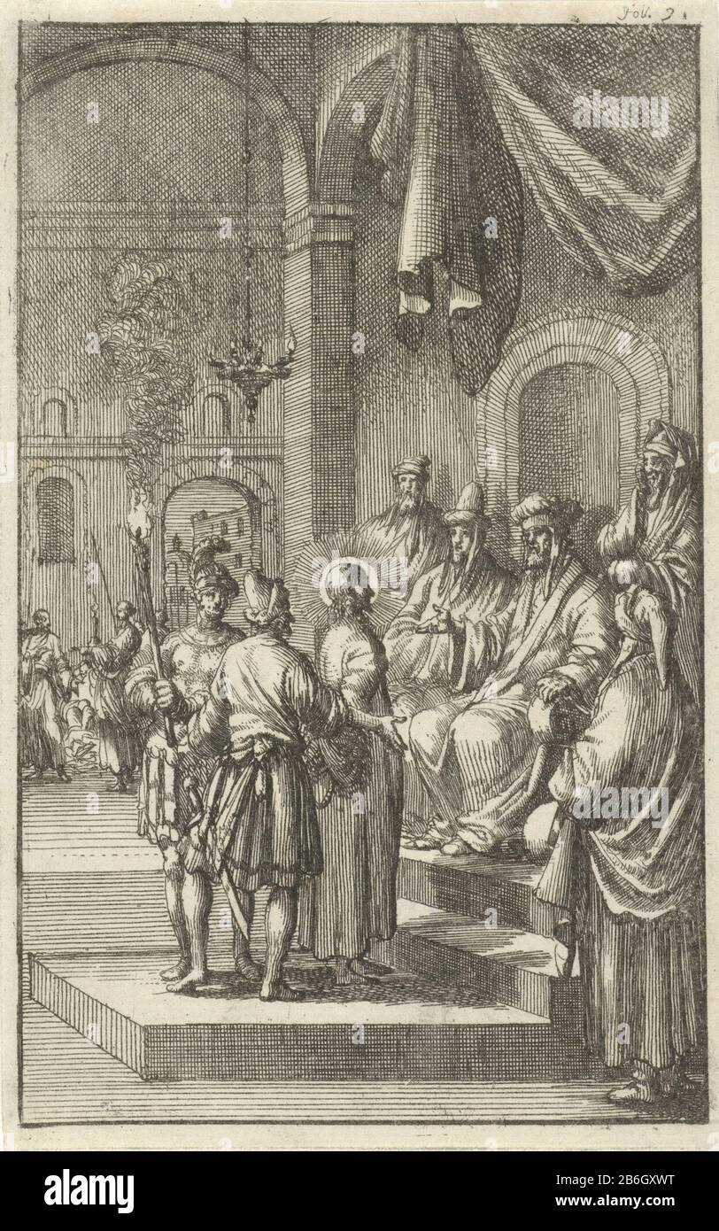 Christ Caiaphas Print droit numéroté foli. 91. Fabricant : Printmaker Jan Luyken Editeur: Aart Dircksz. OossaanPlaats fabrication: Amsterdam Date: 1684 Caractéristiques physiques: Matière de gravure: Technique du papier: Dimensions de gravure: Feuille: 135 mm × H b 86 mmToelichtingillustratie de: Long Cult, Peter. Christ lydende et verheerlykt. Le tragique allerheylsaamste joue. Amsterdam: Aart Dircksz Oossaan, 1684. Objet: Christ devant le Sanhédrin avec Caiaphas comme grand prêtre, Annas et peut-être; peut-être un soldat sur le point de frapper le Christ Parce Qu'Il garde le silence (Matthieu 26: 57-66; Marc 14: 53-64 Banque D'Images