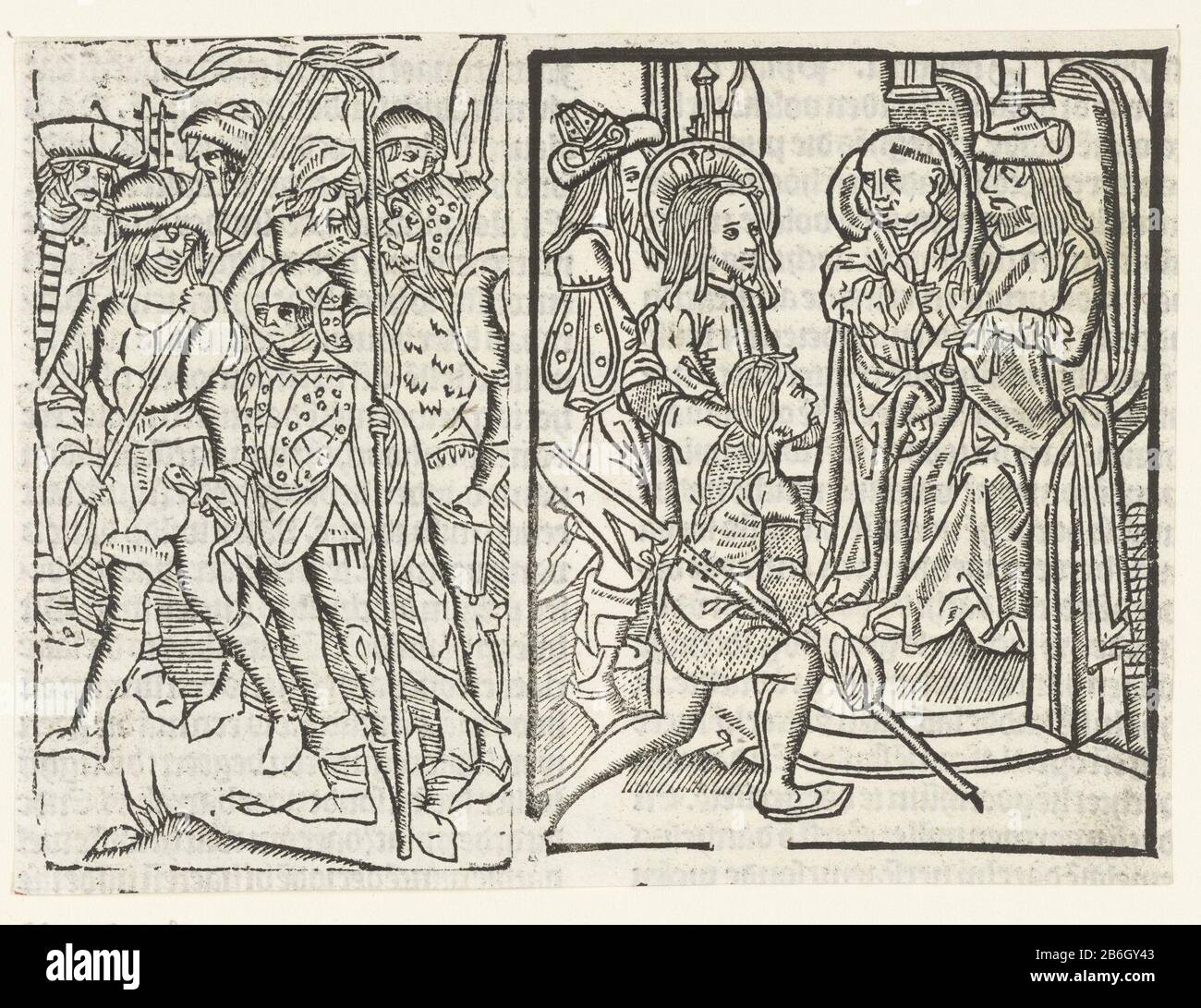 Christ Caiaphas A Imprimé deux blocs. À gauche : un groupe de soldats. Droit: Christ amené par deux soldats devant Caiaphas et Annas Manufacture Créateur (.): Inconnu: Maître de la Vierge inter Virginie (attribué à) inconnu Maître de Delft (attribué à) inconnu: Maître Delbecq-Schreiber-Passion (attribué à) Lieu de fabrication: Pays-Bas Date: 1480 - 1500 et / ou 1503 Caractéristiques physiques: Matière de coupe de bois: Papier technique: Dimensions de la coupe du bois: Feuille: H 108 mm × W 146 mmfeuille de LeliechtingEén 113 de Ludolph la Saxonia, ce es dleué US loly messieurs iheu christi. Traduction anonyme en néerlandais. Banque D'Images