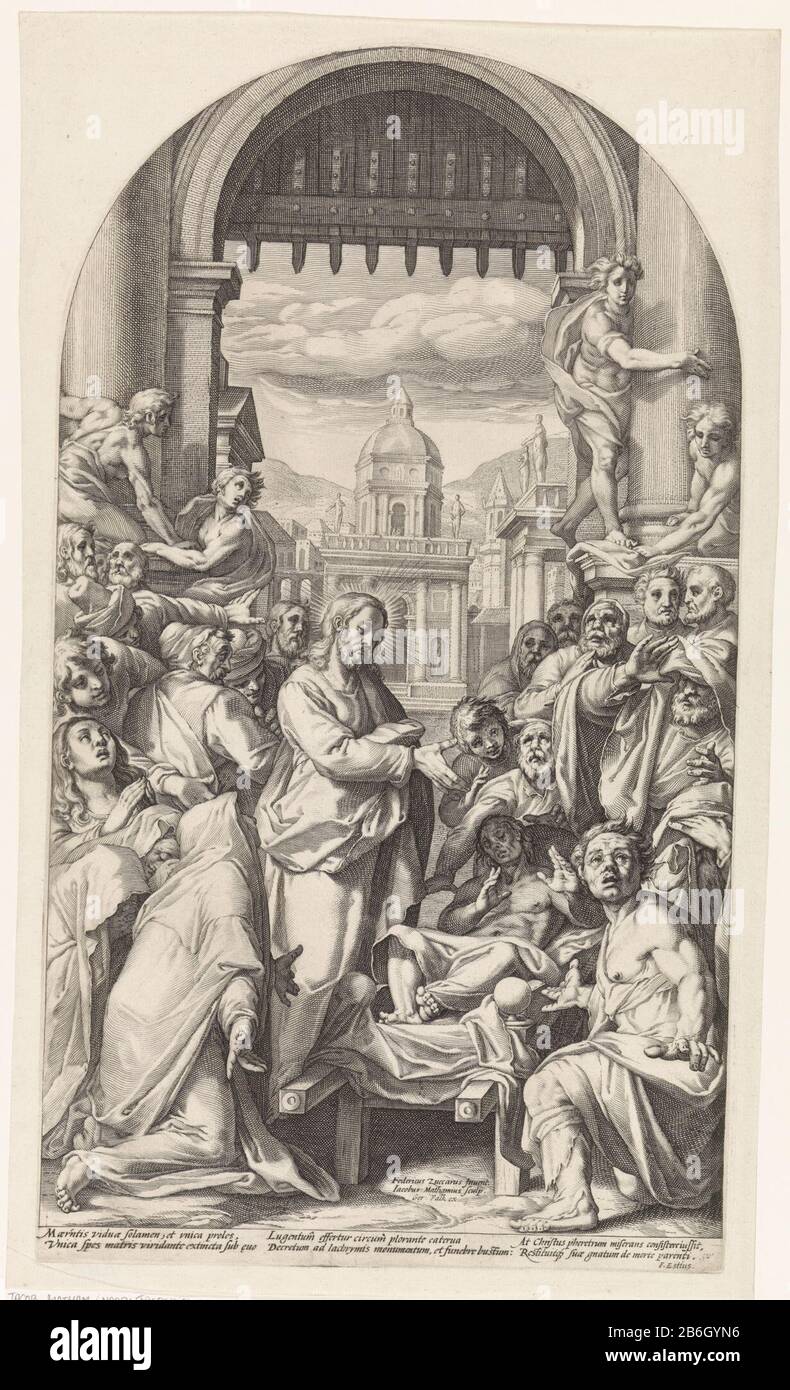 Christ, fils de la veuve de Nain, qui est effectué de la ville sur une civière. Christ lui donne de nouveau à la vie. Les spectateurs regardent à la pointe de l'étonnement. Fabricant : printmaker Jacob Matham (propriété cotée) à la peinture par Federico Zuccaro (bâtiment classé) auteur: Franco Estius (bâtiment classé) Editeur: Gerard Valck (propriété cotée) Lieu de fabrication: Amsterdam Dating : CA. 1593 - 1594 et / ou 1694 - 1715 Caractéristiques physiques: Matériel automobile: Papier technique: Engraa (impression) Dimensions: Bord de la plaque: H 501 mm × W 282 mm Objet: Christ touche la bière ou le fils de la veuve de Nain: Banque D'Images