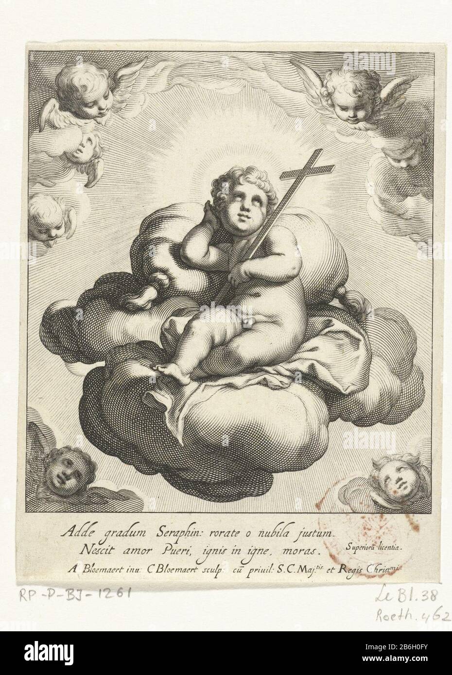 Christ enfant dans les nuages Le Christ enfant assis sur les nuages entourés de chérubins, et dirige l'oeil à la croix qu'il a quitté le draagt. Fabricant : printmaker Cornelis Bloemaert (II) (bâtiment classé) à peindre par Abraham Bloemaert (propriété cotée) Lieu de fabrication: Paris (possible) Date: CA. 1630 - env. 1633 Caractéristiques physiques: Matière de prise de courant: Technique du papier: Prise de courant (processus d'impression) mesures: Feuille: H 123 mm × W 107 mm Objet: Christ-Shield (avec attributs) Banque D'Images