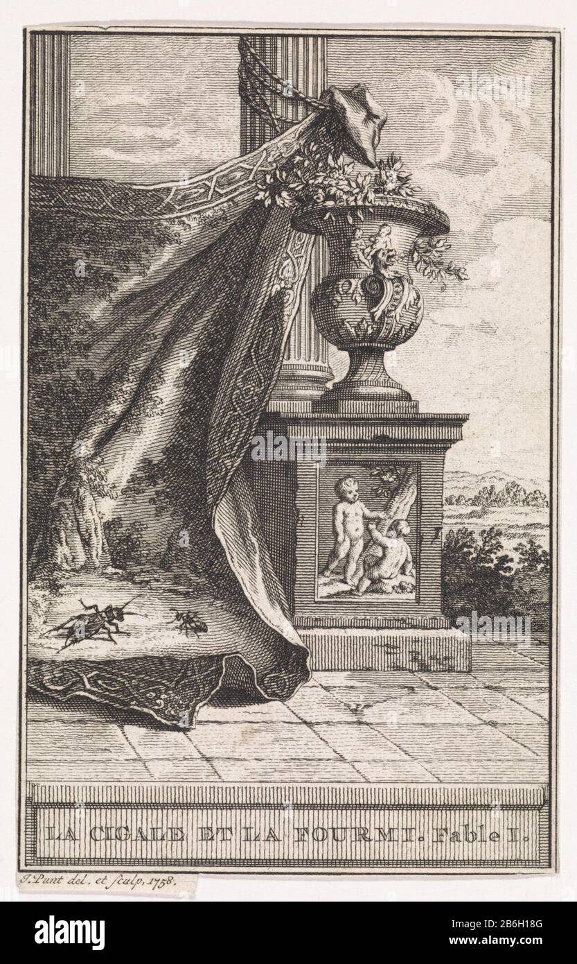 Cicada et formique sur un tapis la cigale et la fourmi Fable I (objet titre) un tissu est collé le long d'un vase classique à une colonne. Au coin de la rue, prenez une cicada et la fourmi. Illustration de Fable i la Cigale et la fourmi. Fabricant : printmaker Jan point (propriété listée) au dessin: Jan point (propriété listée) Lieu de fabrication: Amsterdam Date: 1758 Caractéristiques physiques: Gravure et engrafage matériel: Technique du papier: Gravure / engrafage (impression) Dimensions: Feuille: H 131 mm × W 85 mmToelichtingPrent utilisé comme illustration dans une ou plusieurs éditions de la Fontaine, Jean de. Fables choisies, partie I, p. Banque D'Images