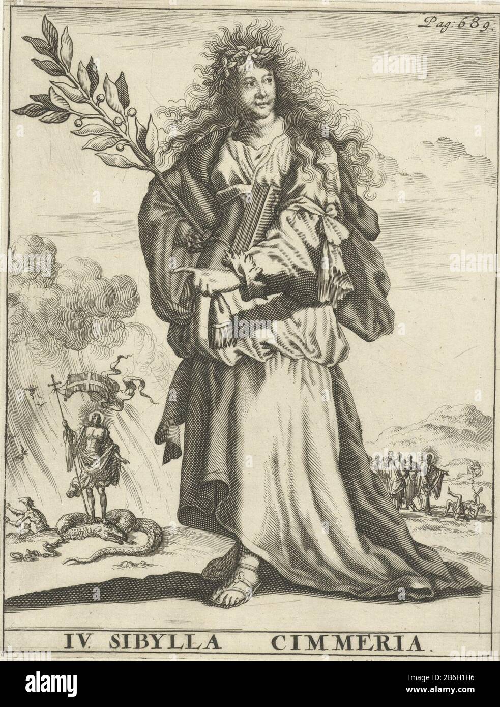 Cimmerian Sibyl Sibylla Cimmeria (Objet Titre) Cimmerian Sibyl . En arrière-plan, la vue du Christ comme conquérant et la guérison d'un homme possédé. Imprimer en haut à droite remarqué: Pag: 689. Fabricant : print maker: Zwaansvliet Editeur: Timothy at Hear Lieu fabrication: Amsterdam Date: 1684 Caractéristiques physiques: Engrala et matière de gravure: Technique du papier: Engraa (procédé d'impression) / dimensions de gravure: Feuille: H 175 mm × W 132 mmTohtelieliginillustratie de: Aysma, Joannes. Spiegel der Sibyllen, vierderley de lunettes. Amsterdam: Timothy Ten Hoorn, 1685. Objet: Sibyl (avec LE NOM) Christ Banque D'Images