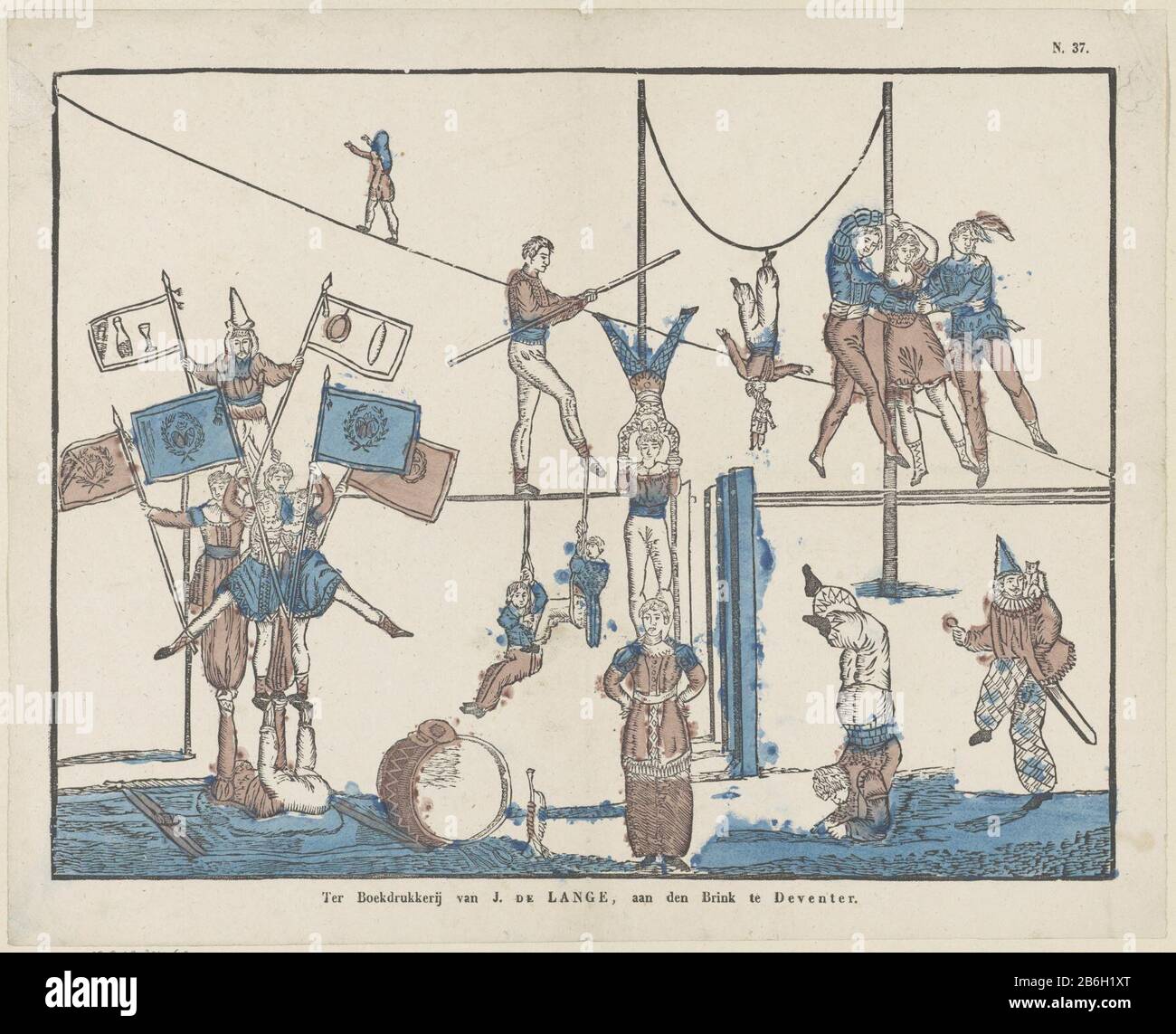 Circustafereel une scène de cirque avec acrobates, musiciens et marcheurs  de la corde raide. Numéroté en haut à droite : N. 37. Fabricant : Editeur:  Jan de Lange (II) (bâtiment classé) printmaker: