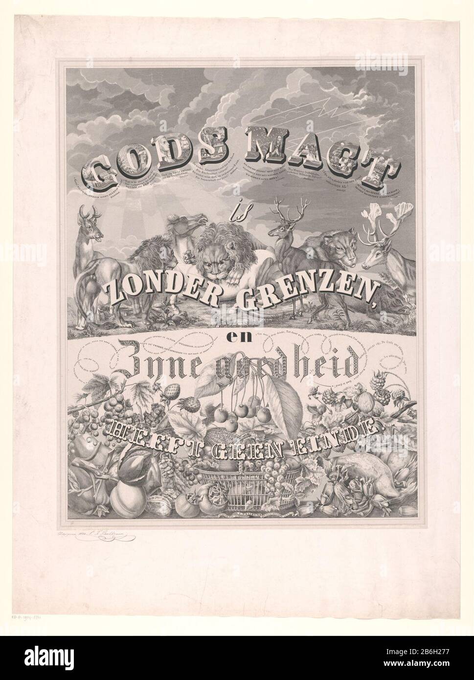 Citation au sujet de la puissance et de la bonté de Dieu Montré dans des lettres élégantes citation: La puissance de Dieu est sans limites et sa bonté n'a aucune fin À la foudre du côté supérieur dans le ciel, y compris un lion tuer un cheval, entouré de cerfs et lions. Au fond des fruits dans et autour d'une manne. Fabricant : printmaker Cornelis Philip Balkema (bâtiment classé) dans sa conception: Cornelis Philip Balkema (bâtiment classé) éditeur Cornelis Philip Balkema (signé personnellement) Lieu de fabrication: Pays-Bas Date: 1843 et / ou 1850 Caractéristiques physiques: Lithographie sur chine collé matériel: Papier chine collé technique: Lithograp Banque D'Images
