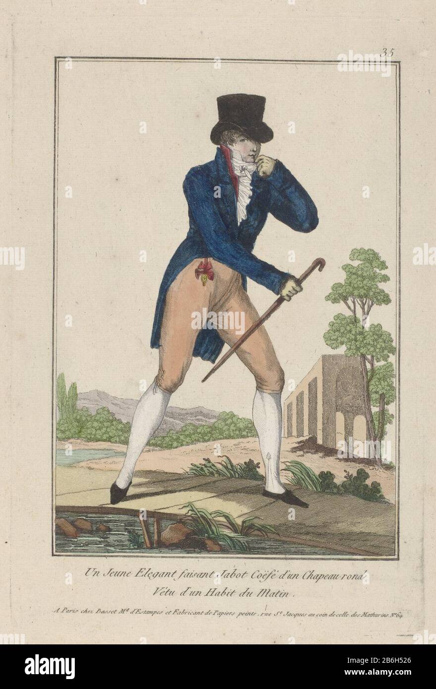 Jeune homme élégant vêtu d'une « habitude » pour le matin, composé d'une veste (frak), d'un gilet et d'un short. Chemise froissée avec jabot et cravat. Chapeau avec bord surélevé et bande chapeau mince avec boucle. Gants et bâton de marche à la main, l'imprimé fait partie d'une série d'au moins 82 tirages de mode Collection présentée aux modes d'hommes et de femmes, publiée par Basset, Paris, entre 1783 et 1813. Fabricant : printmaker: Éditeur anonyme: Basset ( indiqué sur l'objet) Lieu de fabrication: Paris Date: 1783 - 1813 Caractéristiques physiques: Engrala, matière de couleur manuelle: Technique du papier: Engraa (pr Banque D'Images